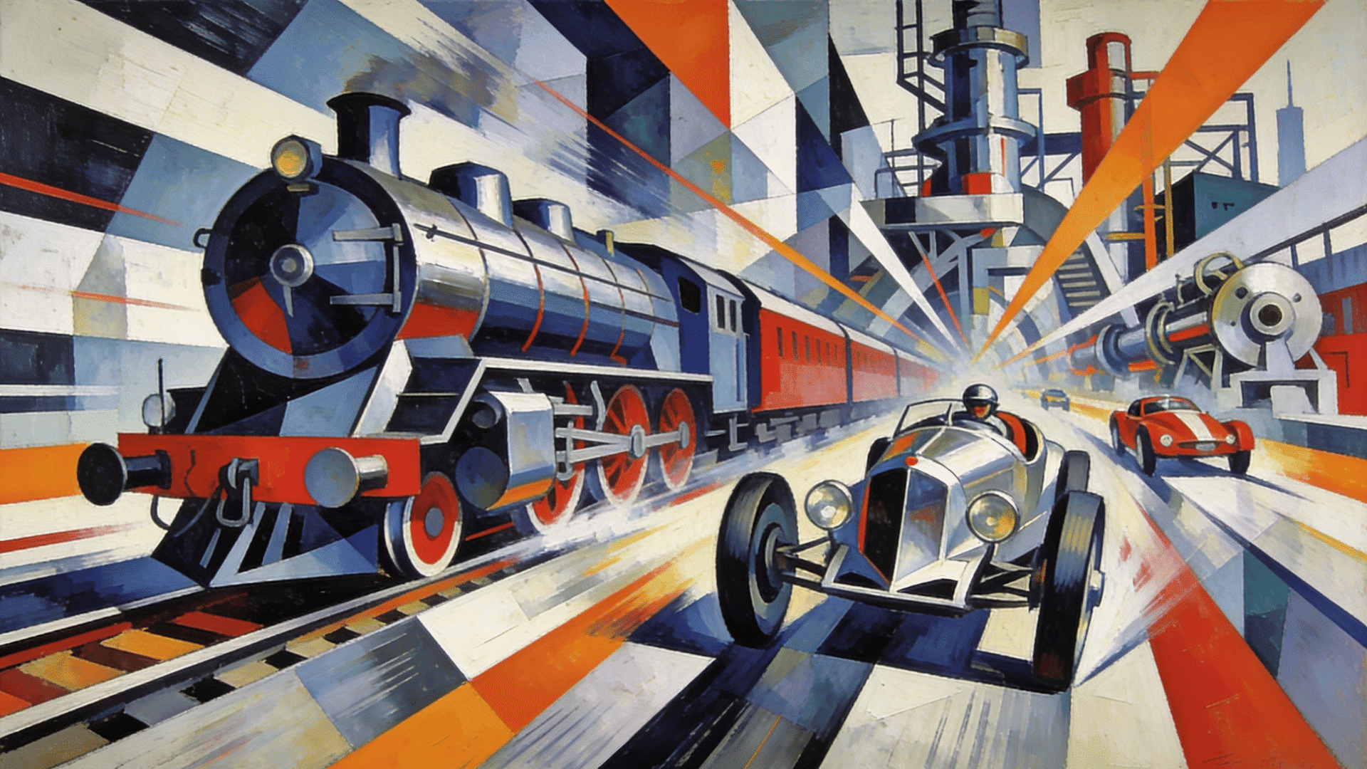 futurism style industrial scene with speeding train and racing cars dynamic motion lines geometric buildings and bright directional light