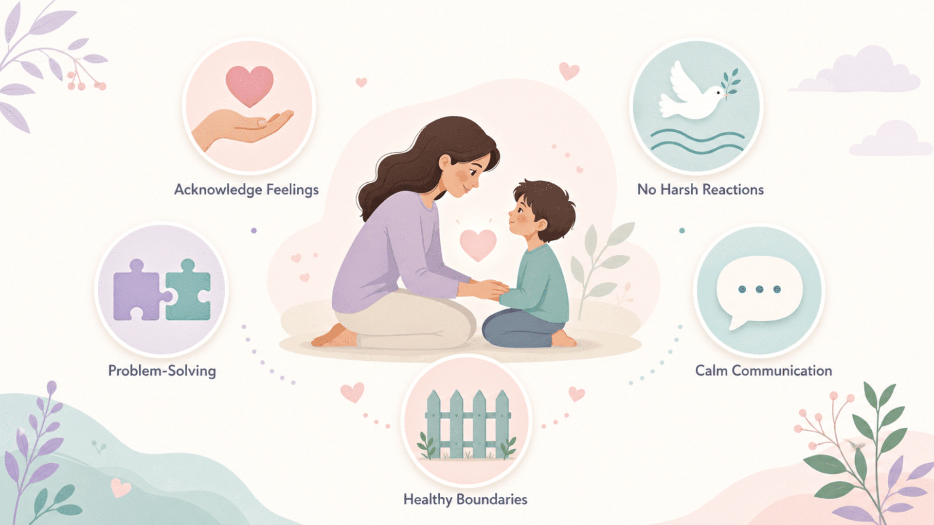 gentle parenting infographic showing calm communication, healthy boundaries, problem solving, and acknowledging feelings with child support