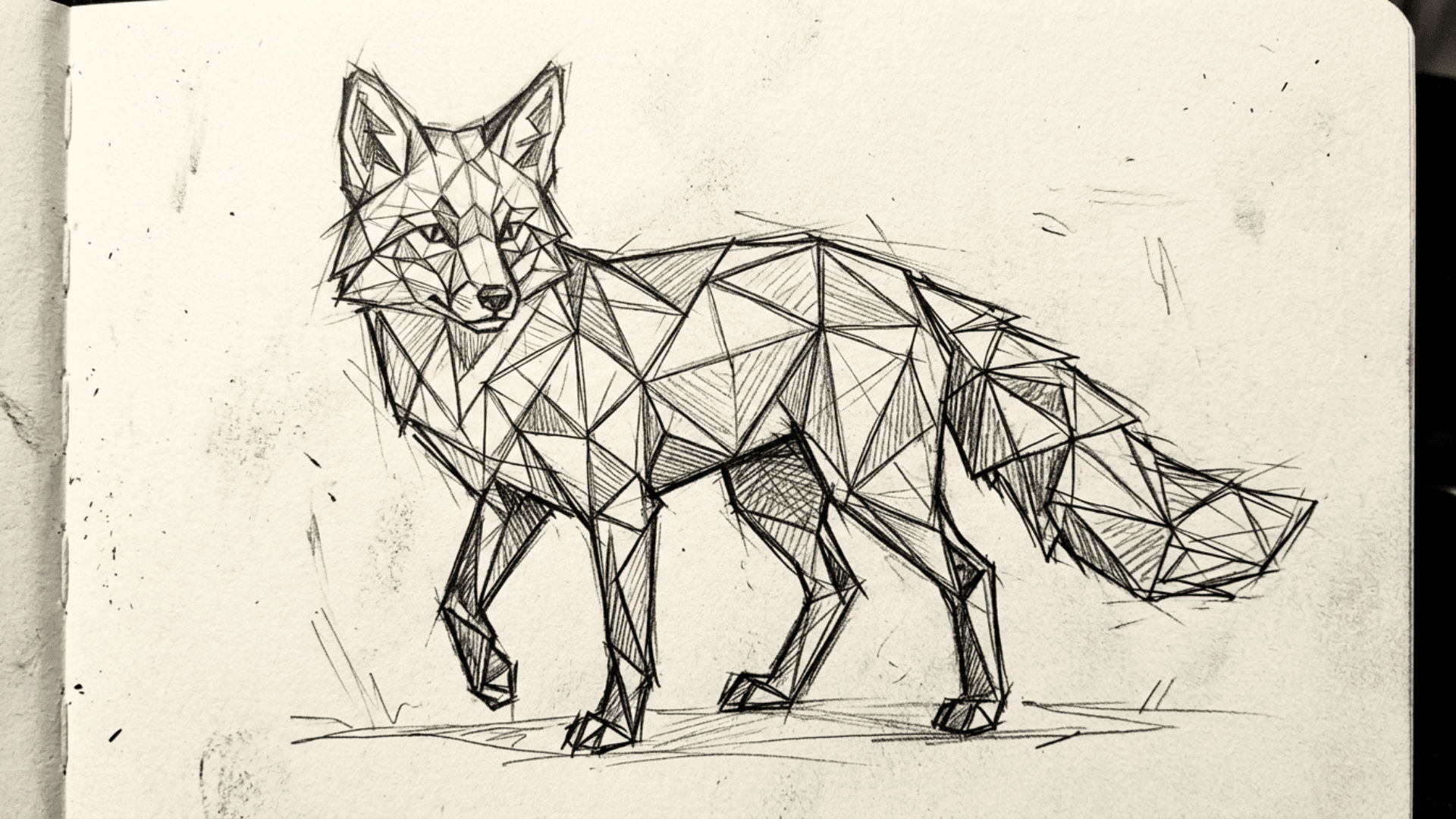 angular pencil sketch of a fox drawn using only triangles and straight lines