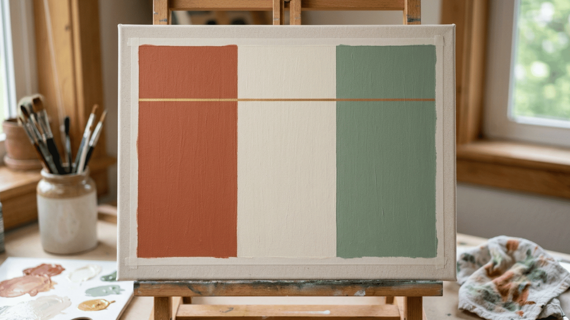 terracotta sage and cream shapes in a clean color block layout