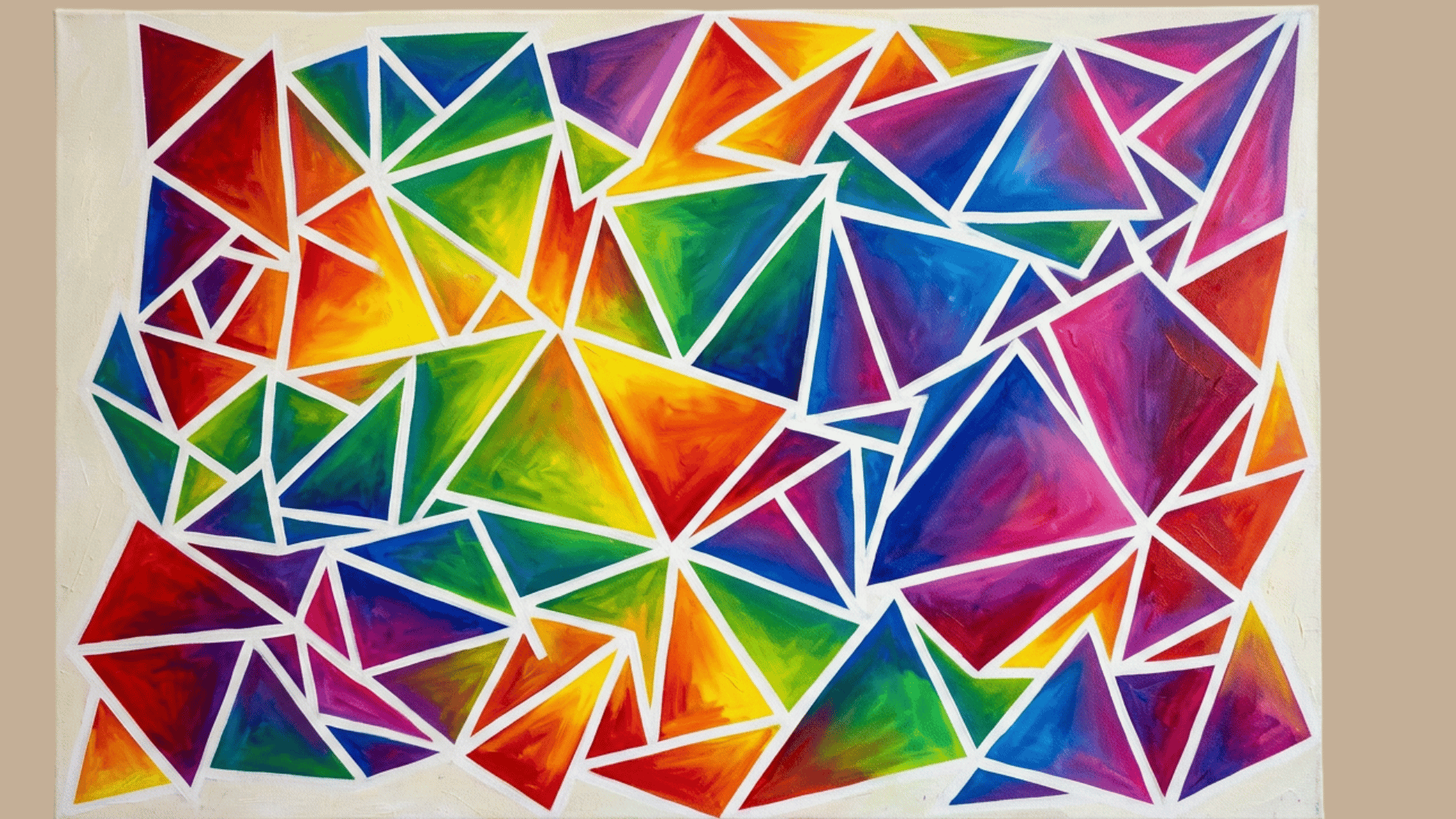dynamic geometric triangle painting with colorful overlapping shapes in a clean modern abstract style