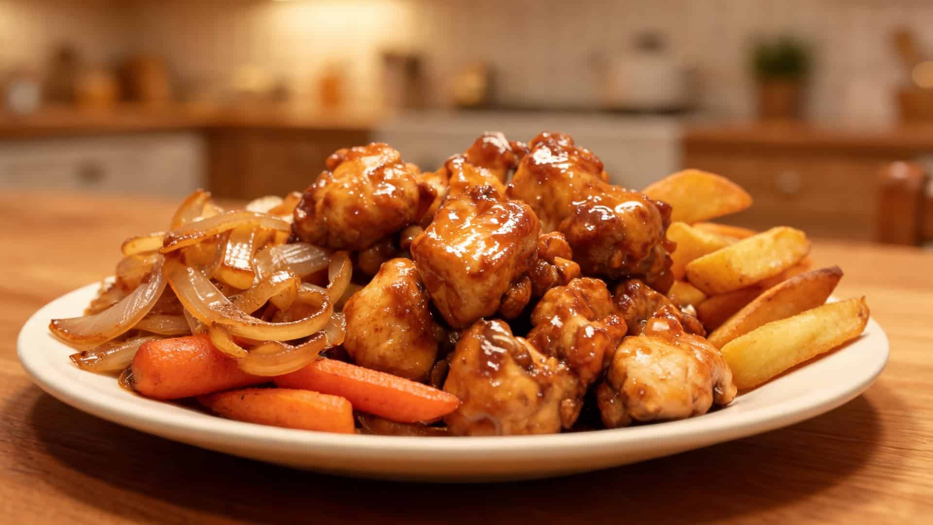 glazed chicken pieces with fries and vegetables served on a plate in a warm kitchen