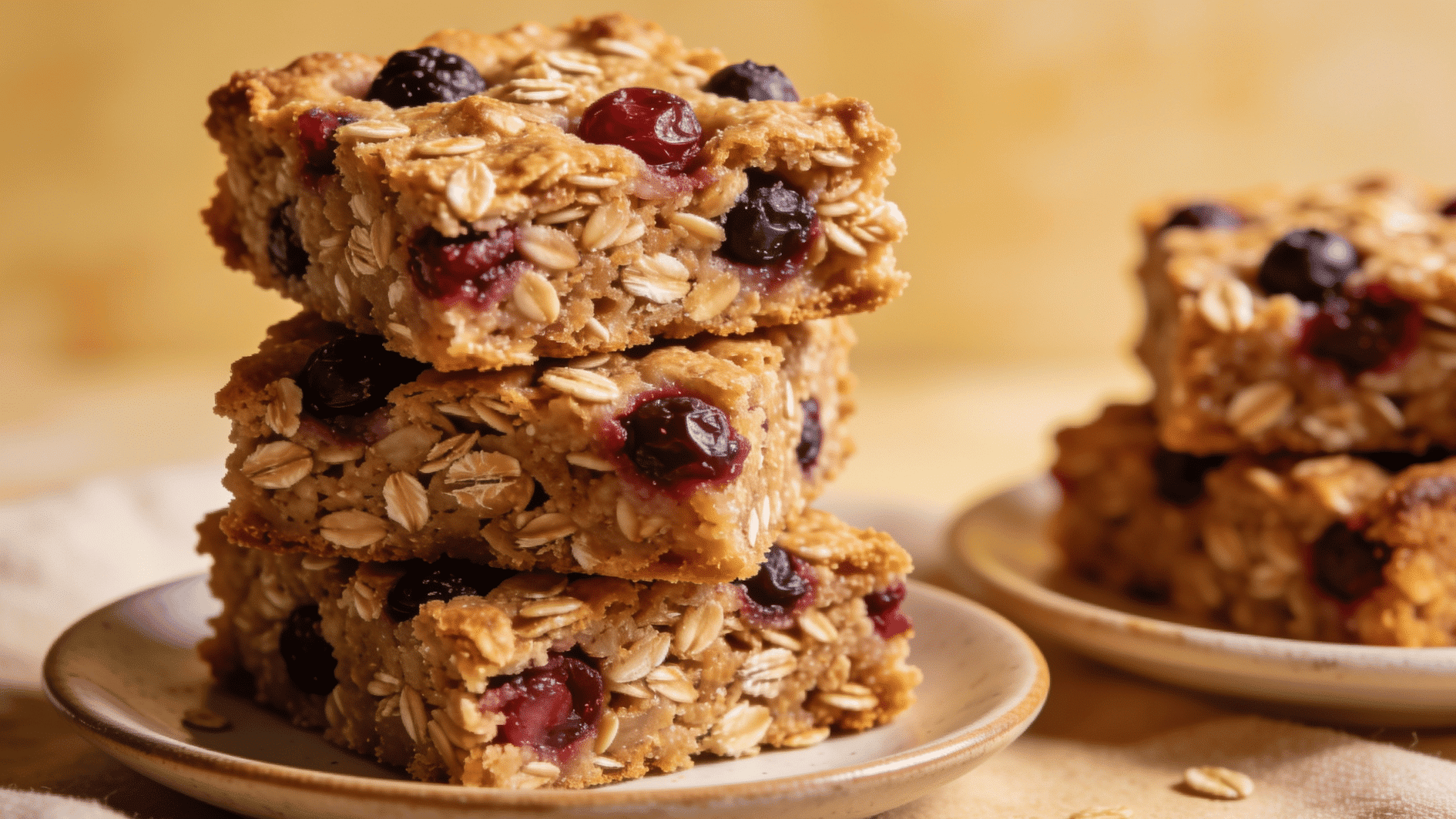golden baked oatmeal cut into neat squares studded with berries