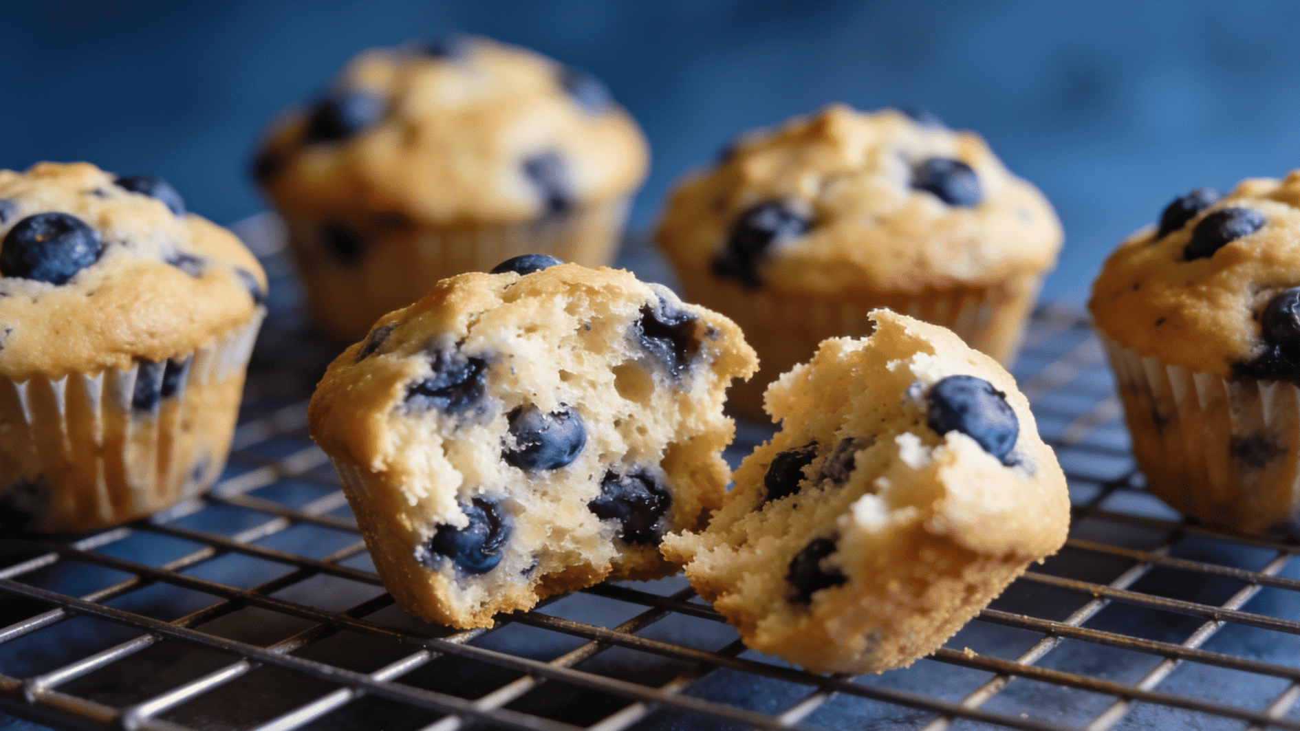 golden blueberry muffins cooling on a rack, one broken open showing tender crum