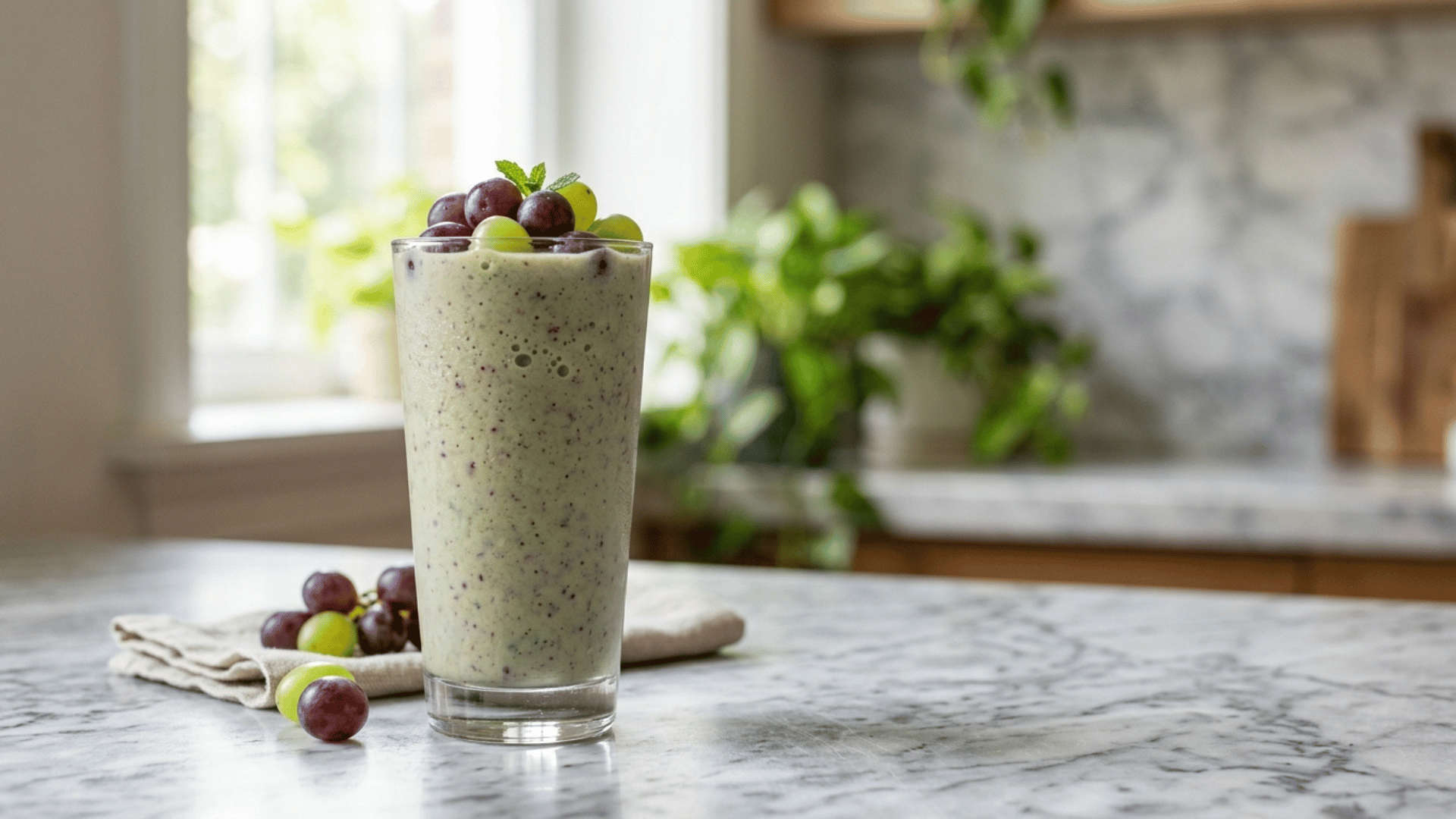 grape yogurt smoothie in a glass topped with fresh grapes
