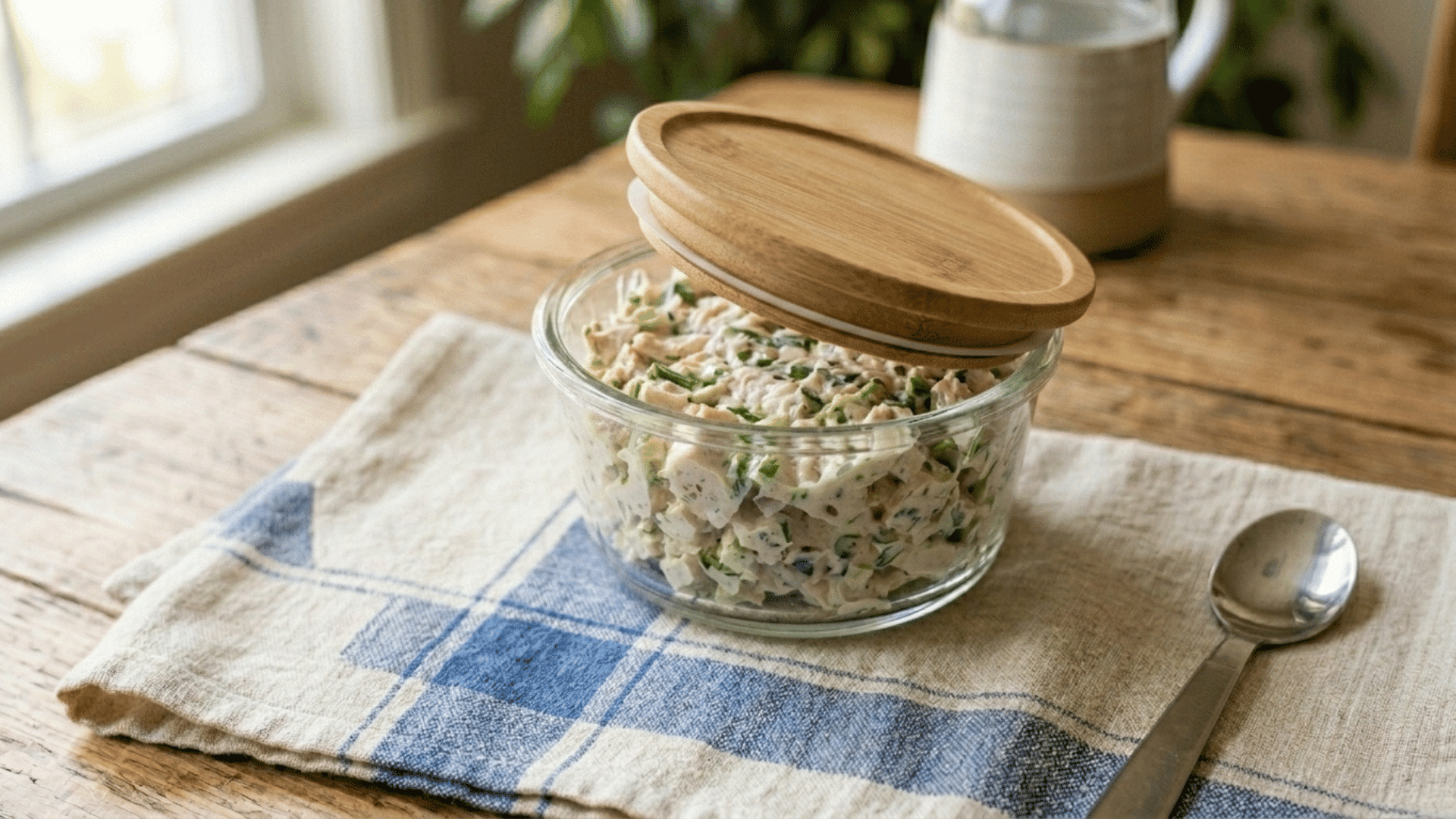 greek yogurt chicken salad cup with crackers packed in a blue steel lunchbox