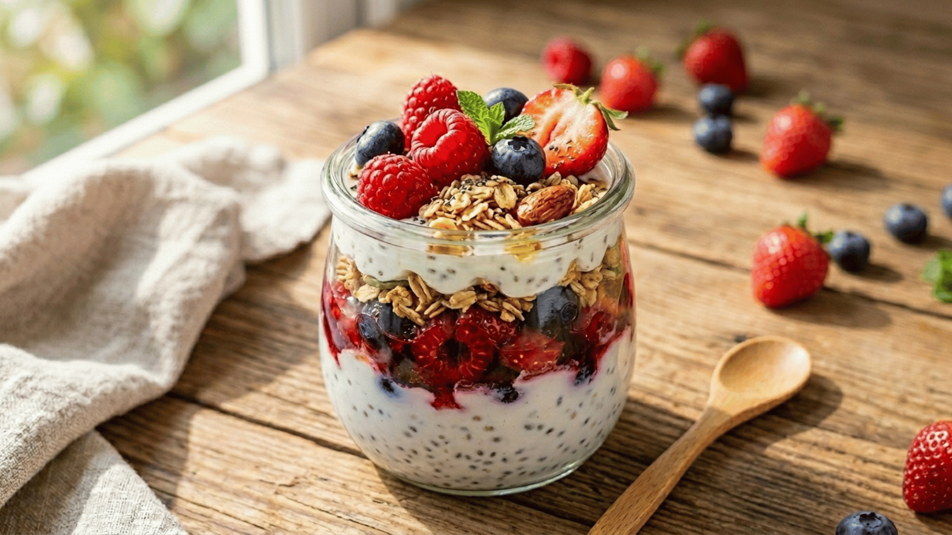 yogurt parfait with berries and granola in a lavender-purple silicone lunchbox