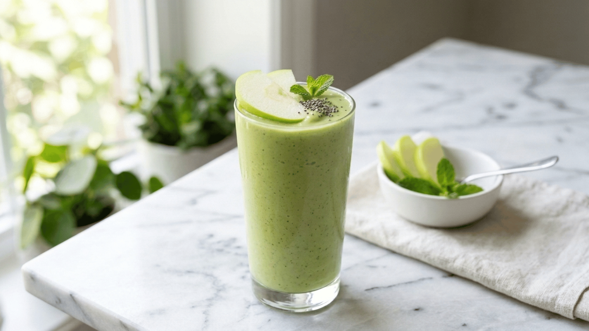 green apple spinach smoothie in a glass with green apple slice