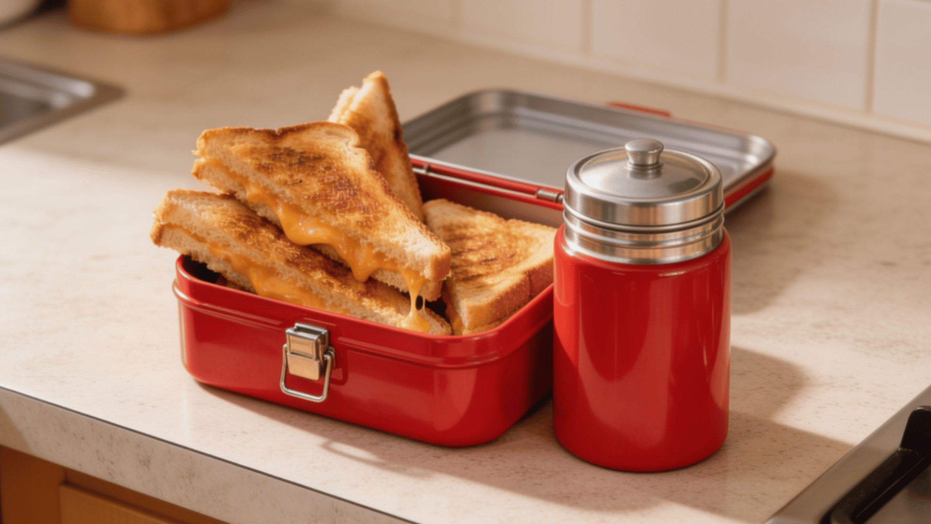 grilled cheese dipping strips and tomato soup in a red kids lunchbox