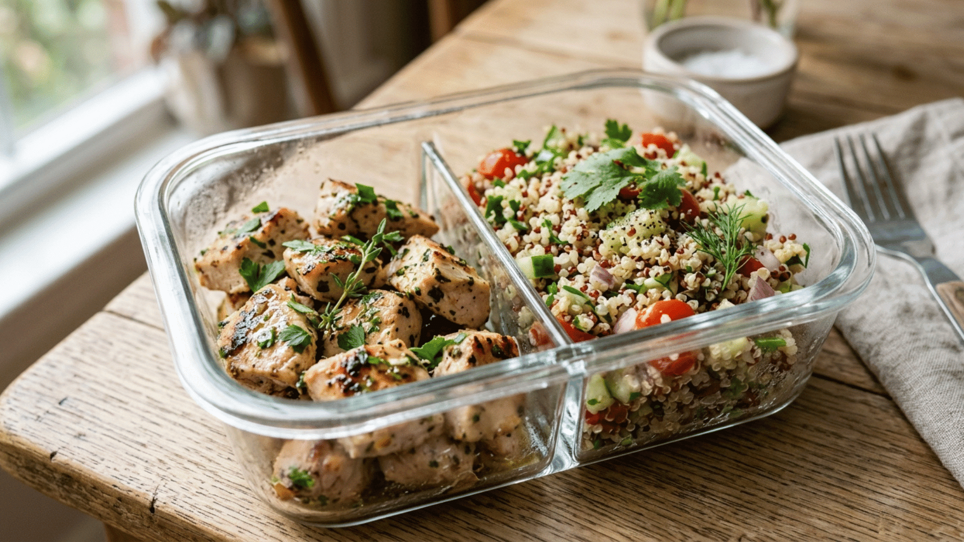 grilled chicken and quinoa bowl packed in a divided glass lunchbox
