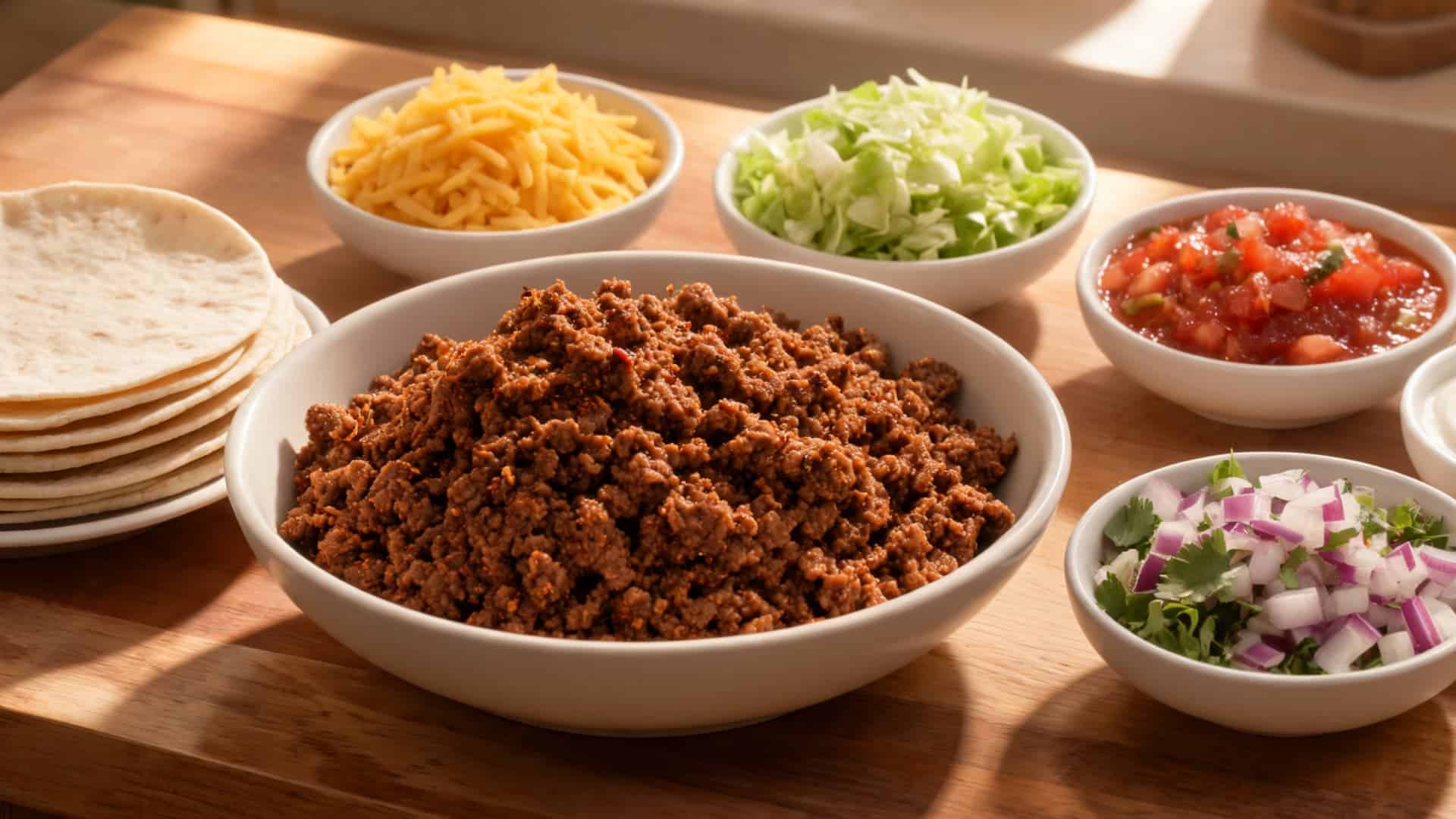 ground beef taco filling with tortillas cheese lettuce salsa and toppings arranged in bowls on a wooden kitchen table