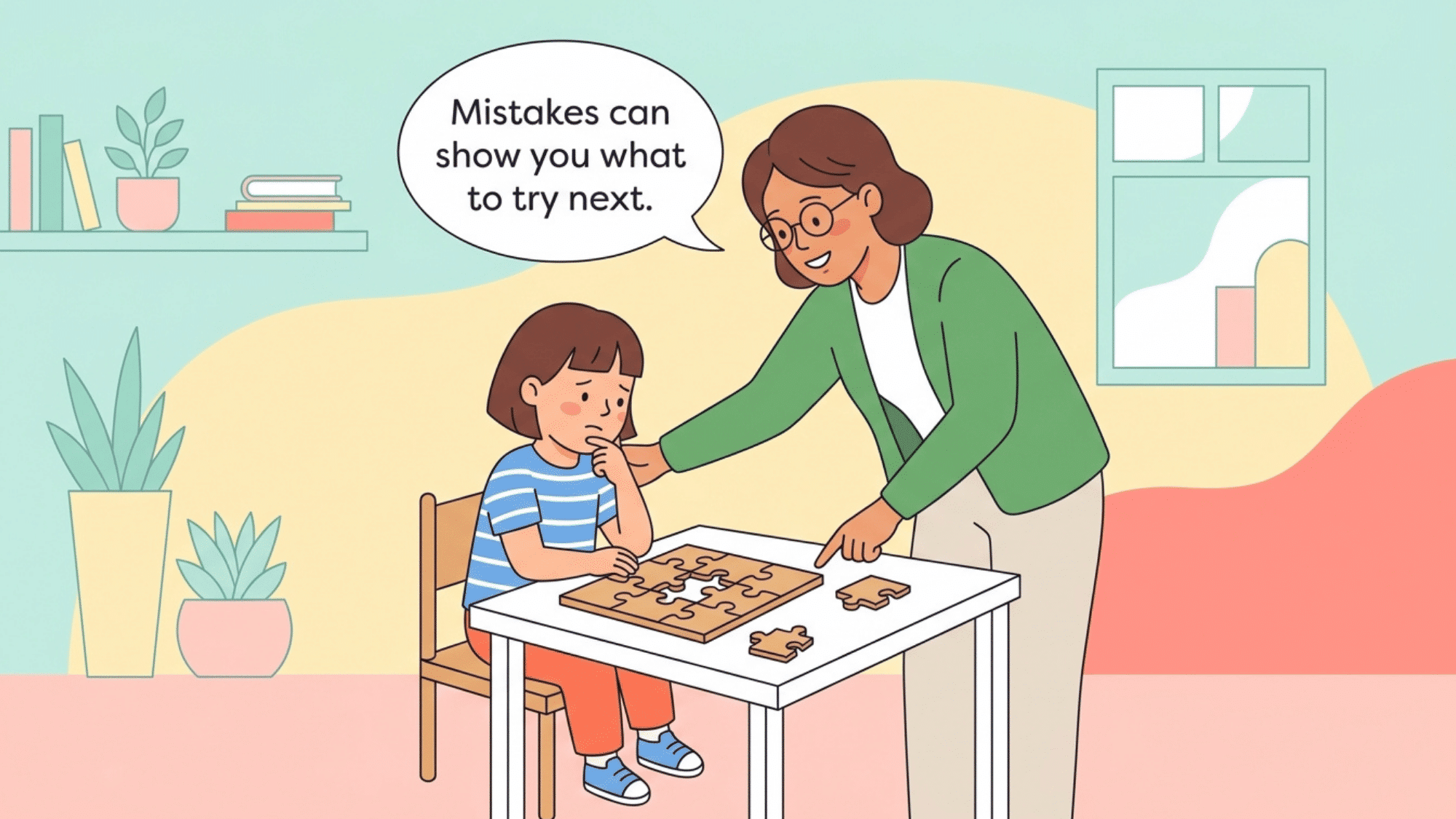 child learning from a mistake with support while solving a puzzle activity