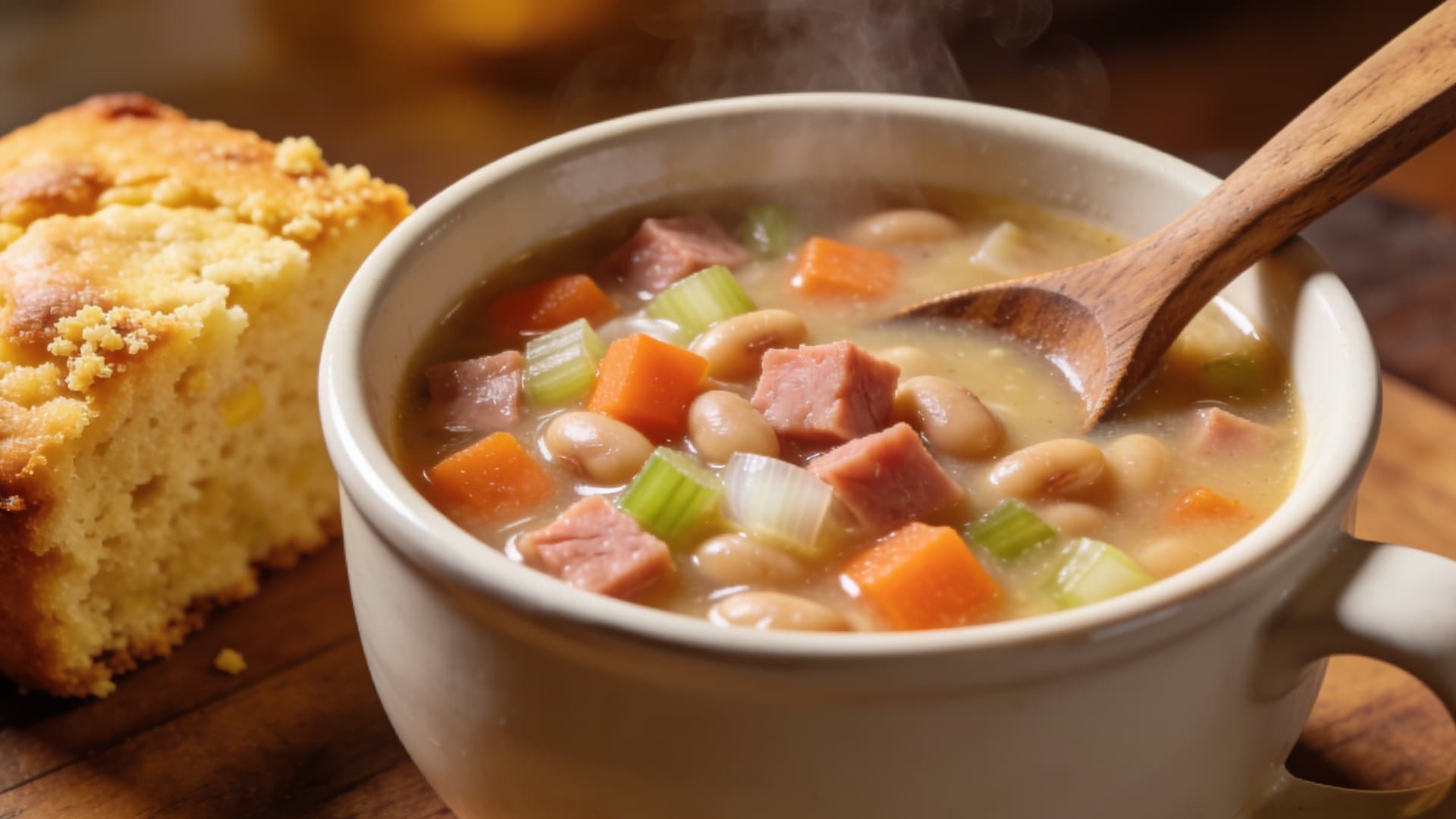 ham and bean soup with vegetables served hot in a white bowl with cornbread on a wooden table and steam rising