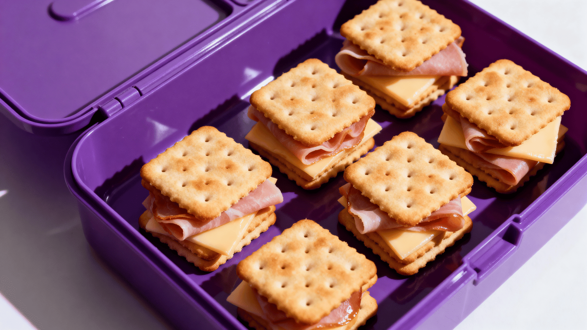 ham and cheese cracker stackers arranged in a purple kids lunchbox