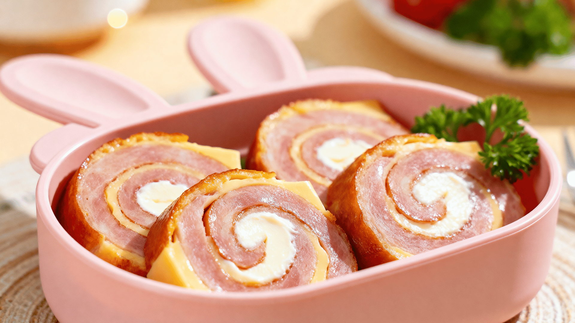 ham and cheese pinwheels in a pink bento box with a bunny-shaped lid