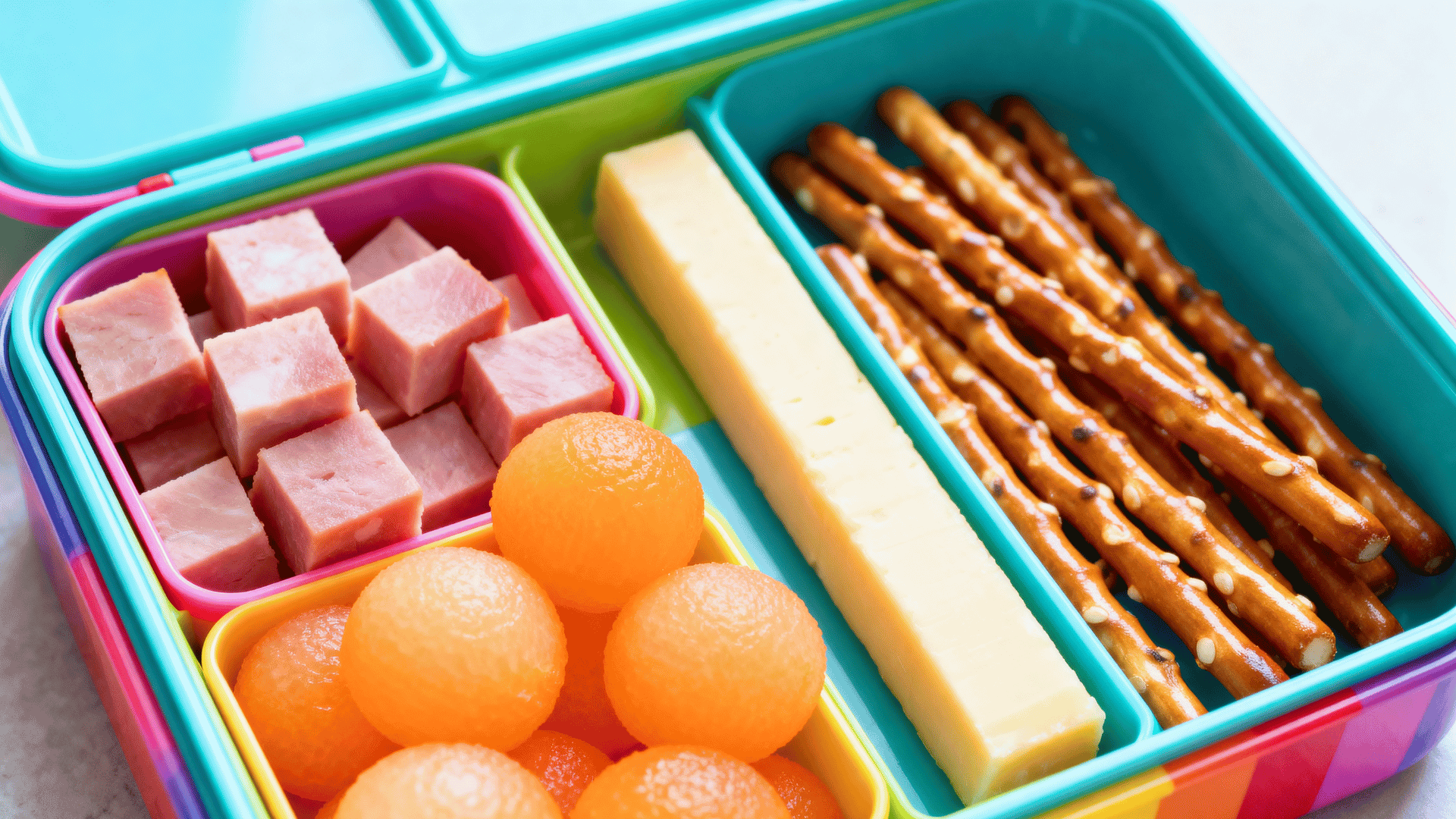 ham cubes, melon balls, pretzels, and cheese stick in a pastel-rainbow lunchbox