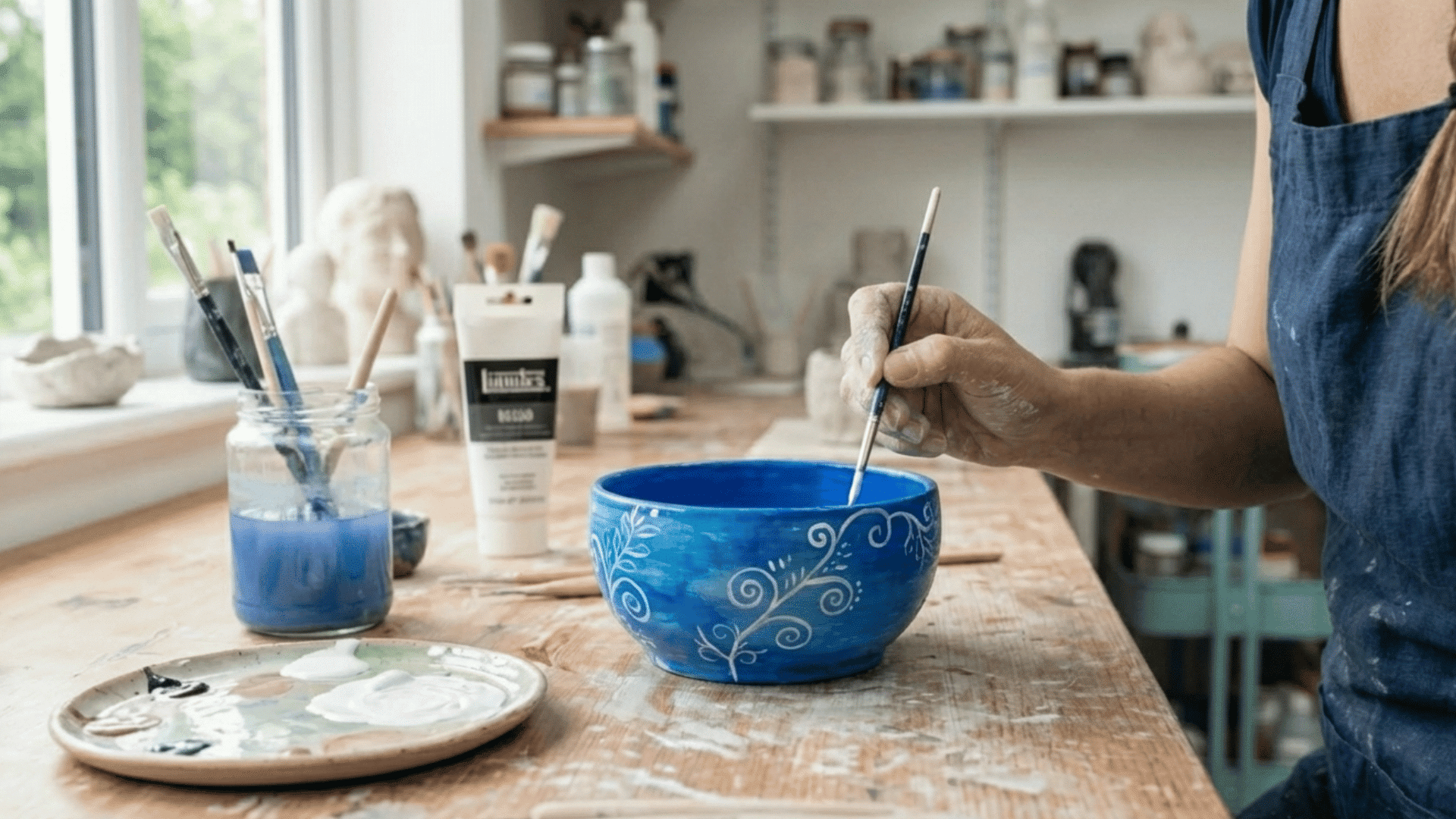 hand adding fine details and patterns on painted clay bowl using small brush in art workspace