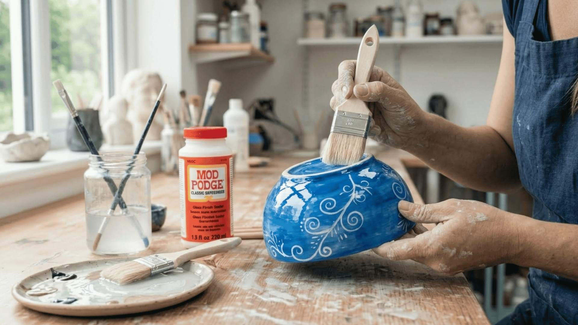 hand applying clear sealer on painted clay bowl using brush for smooth protective finish (1)