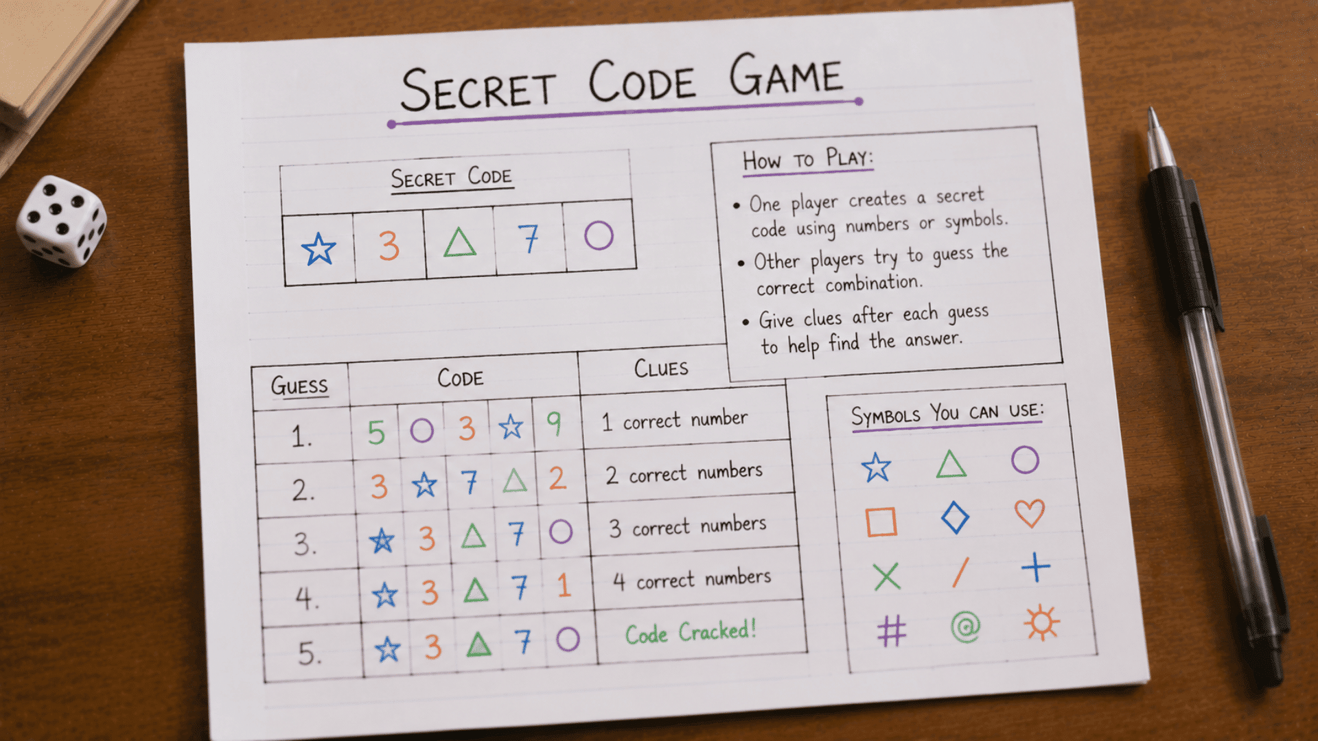 hand drawn secret code game with symbols numbers clues and guessing table on notebook with pen and dice on wooden desk