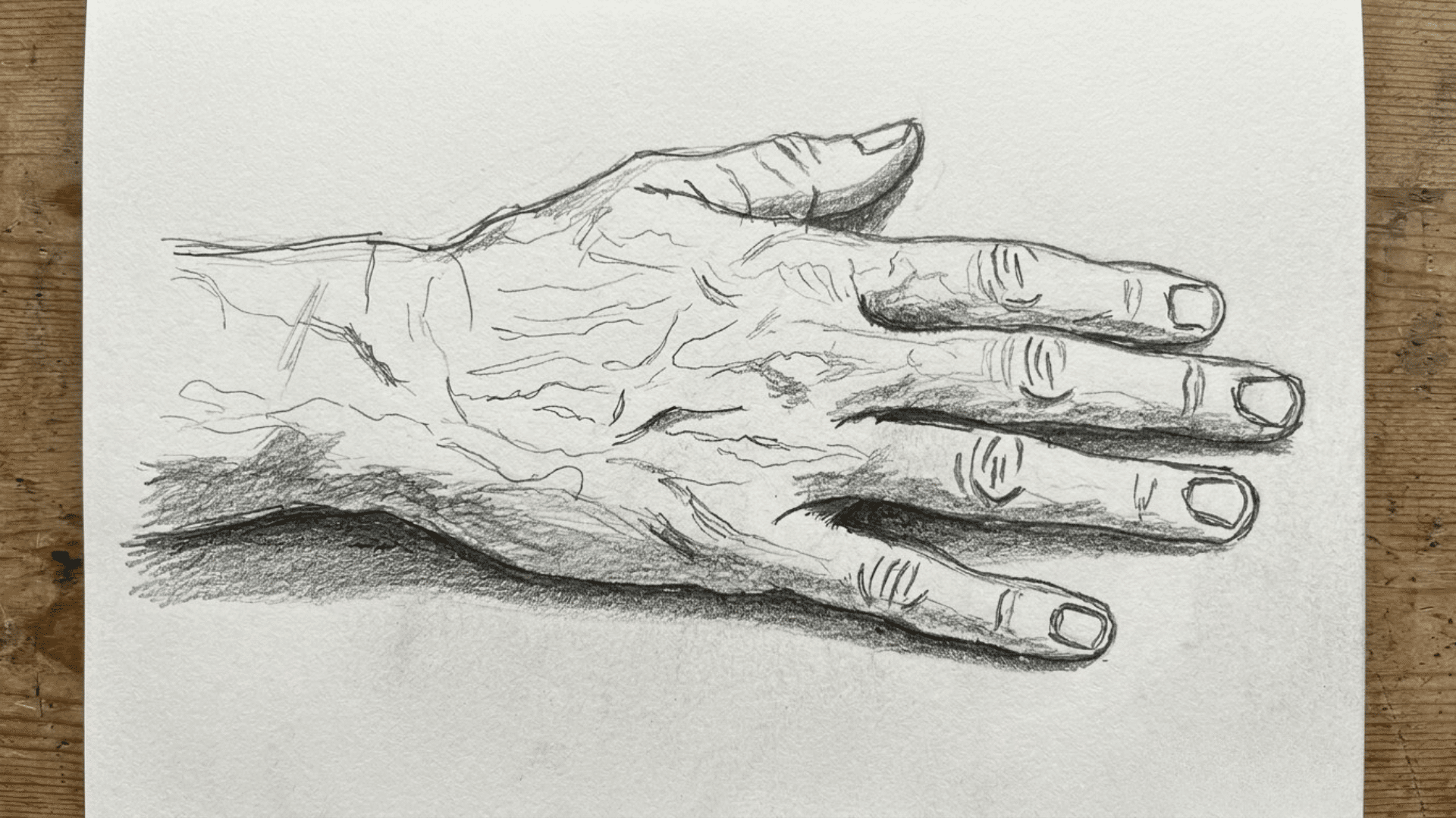 realistic pencil drawing of a hand resting flat on a table with visible knuckles and fingers