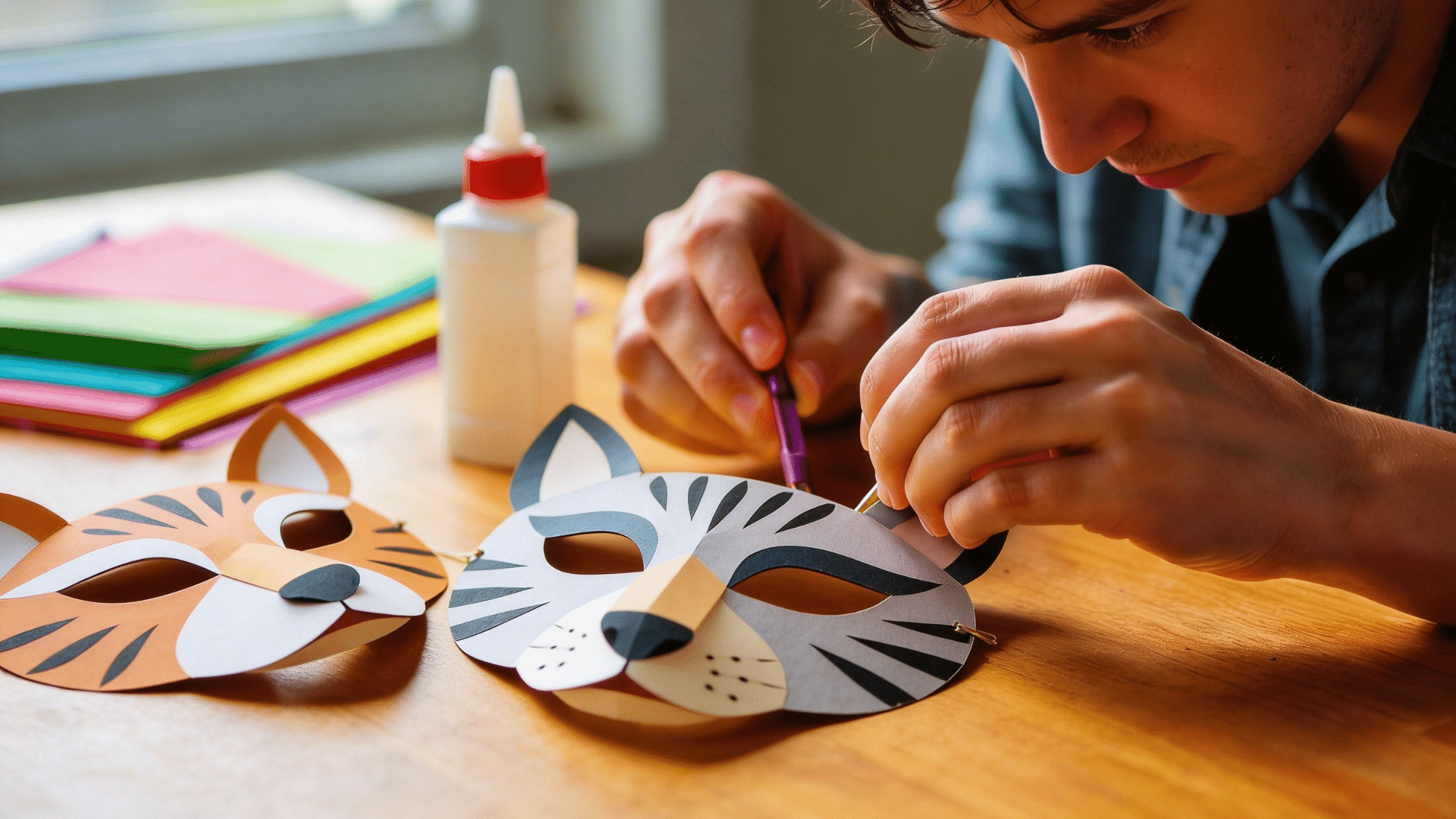 handmade paper animal masks designed as a fox and tiger with playful details for play and activities.