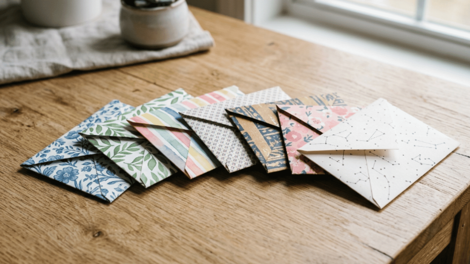 handmade paper envelopes made from patterned paper arranged neatly with clean folds and edges