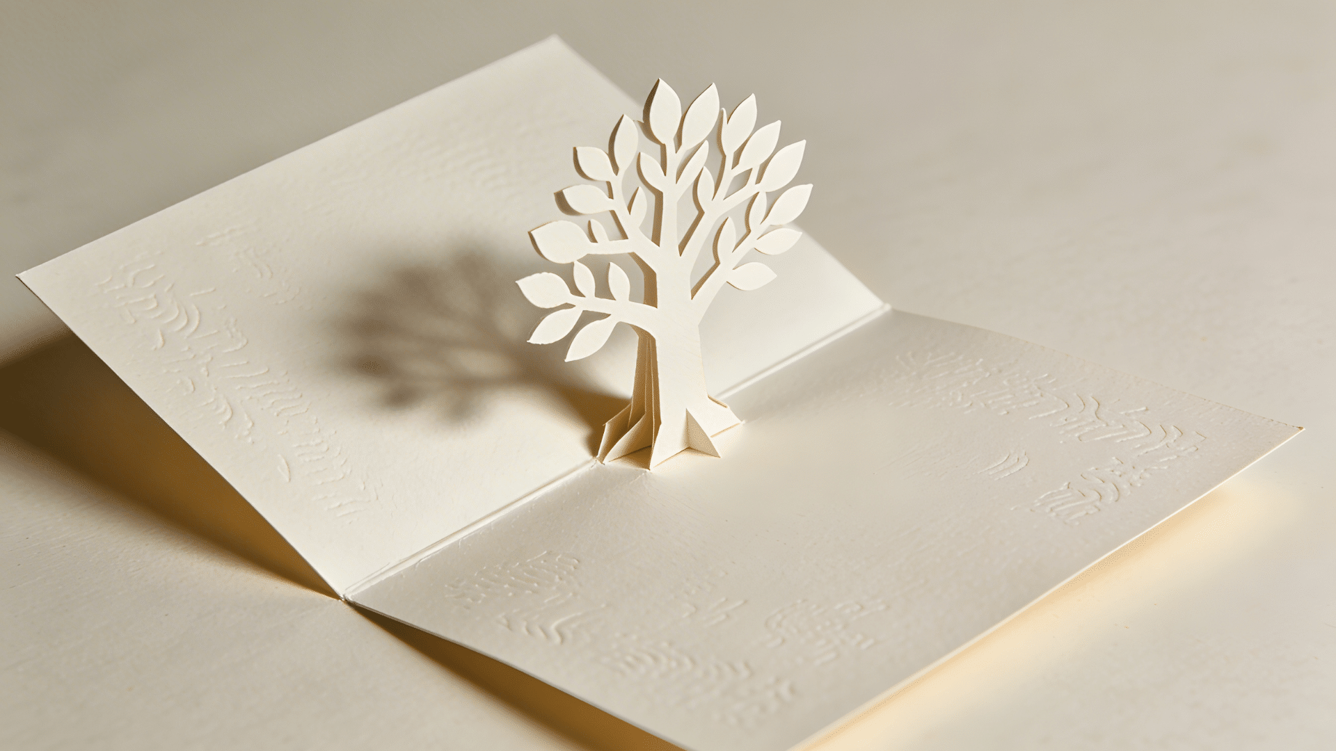 handmade pop up greeting card opened to reveal a three dimensional paper design rising from the center