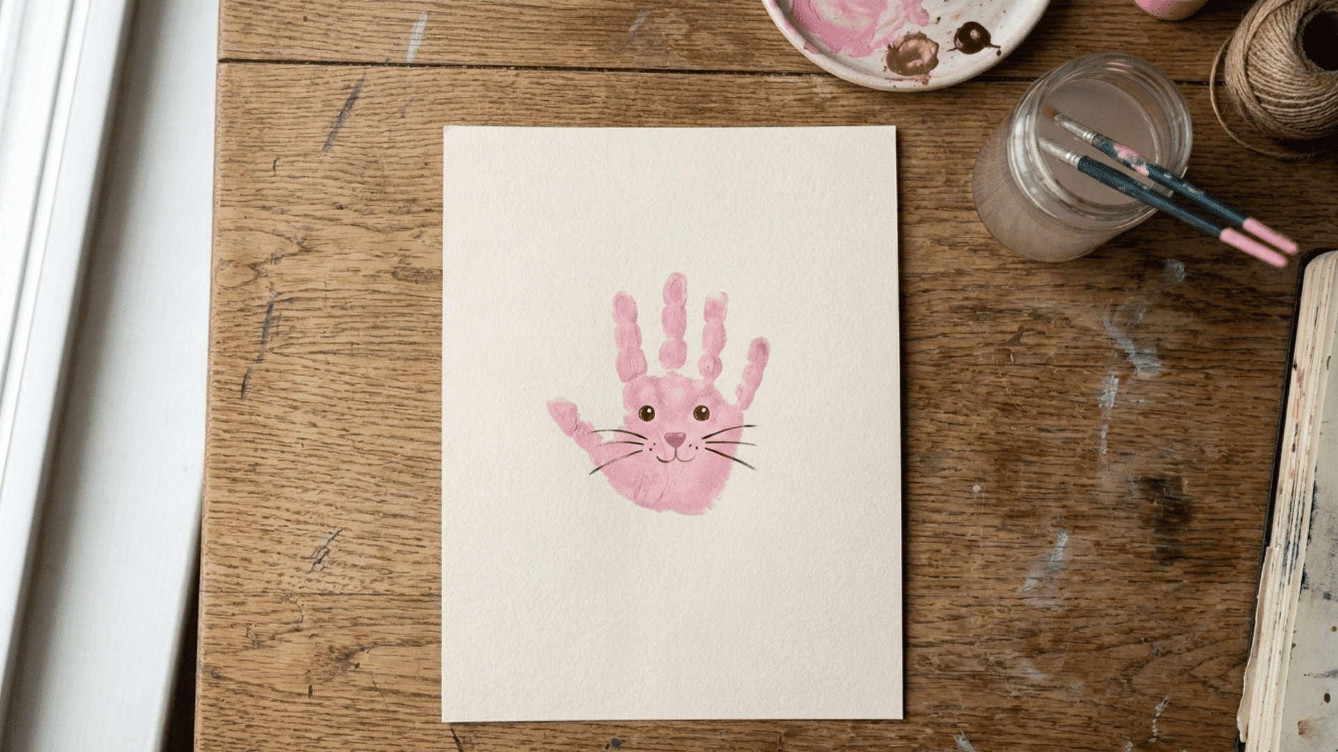 toddler handprint painting shaped into a simple bunny