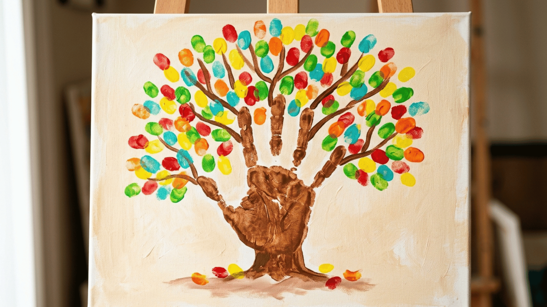 brown handprint shaped into a tree with colorful leaf dabs