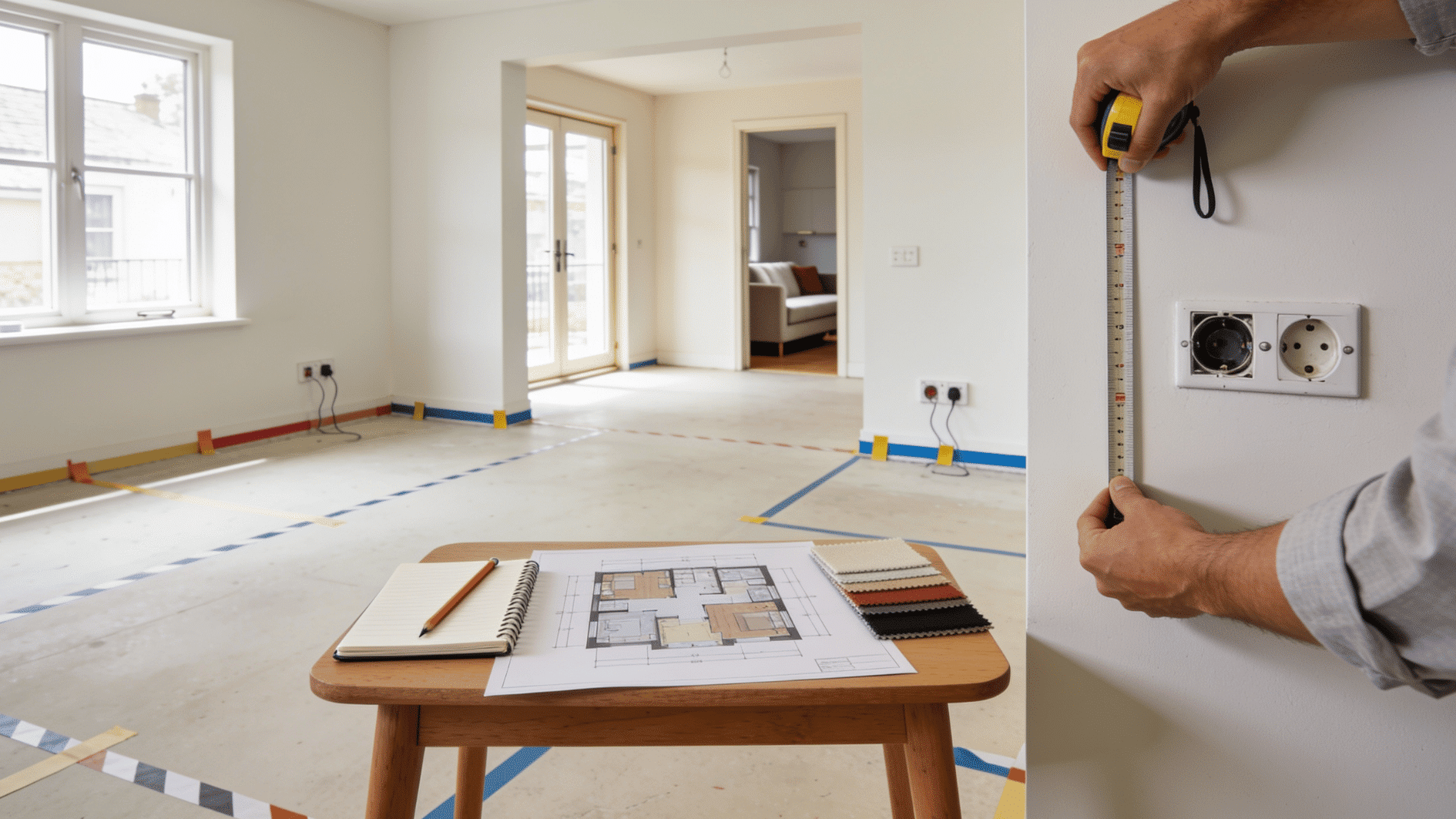 hands measure a bright living room while a floor plan and material samples sit nearby on a wooden table
