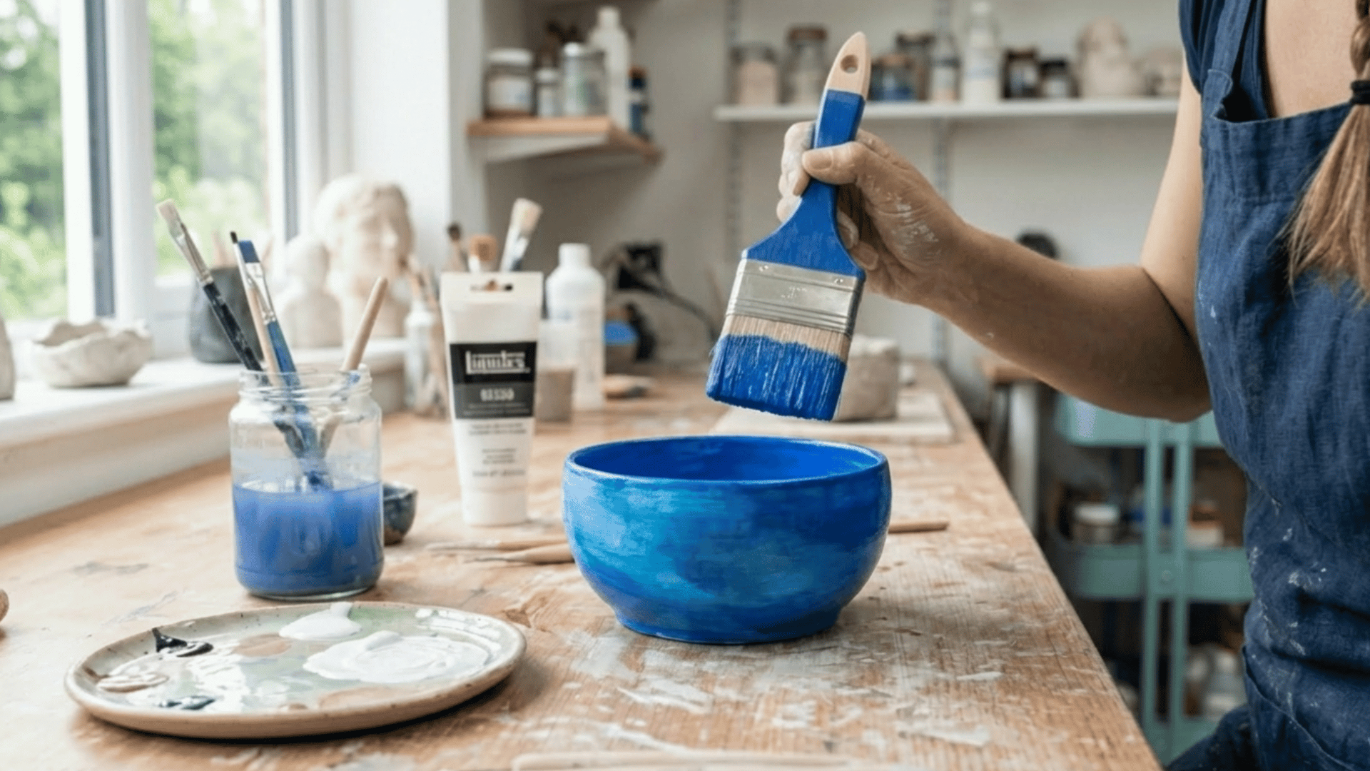 hands painting clay bowl with layered blue paint using brush to create depth and smooth finish