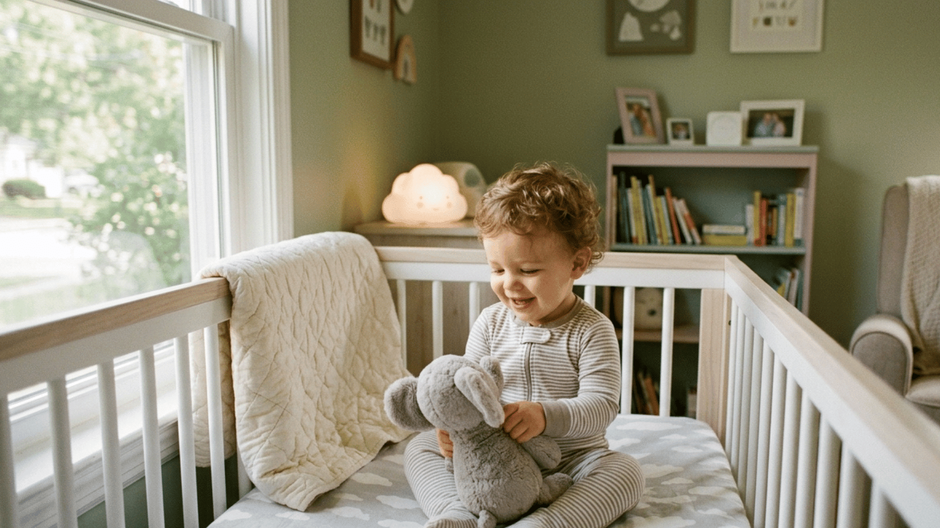 happy toddler playing inside crib during daytime