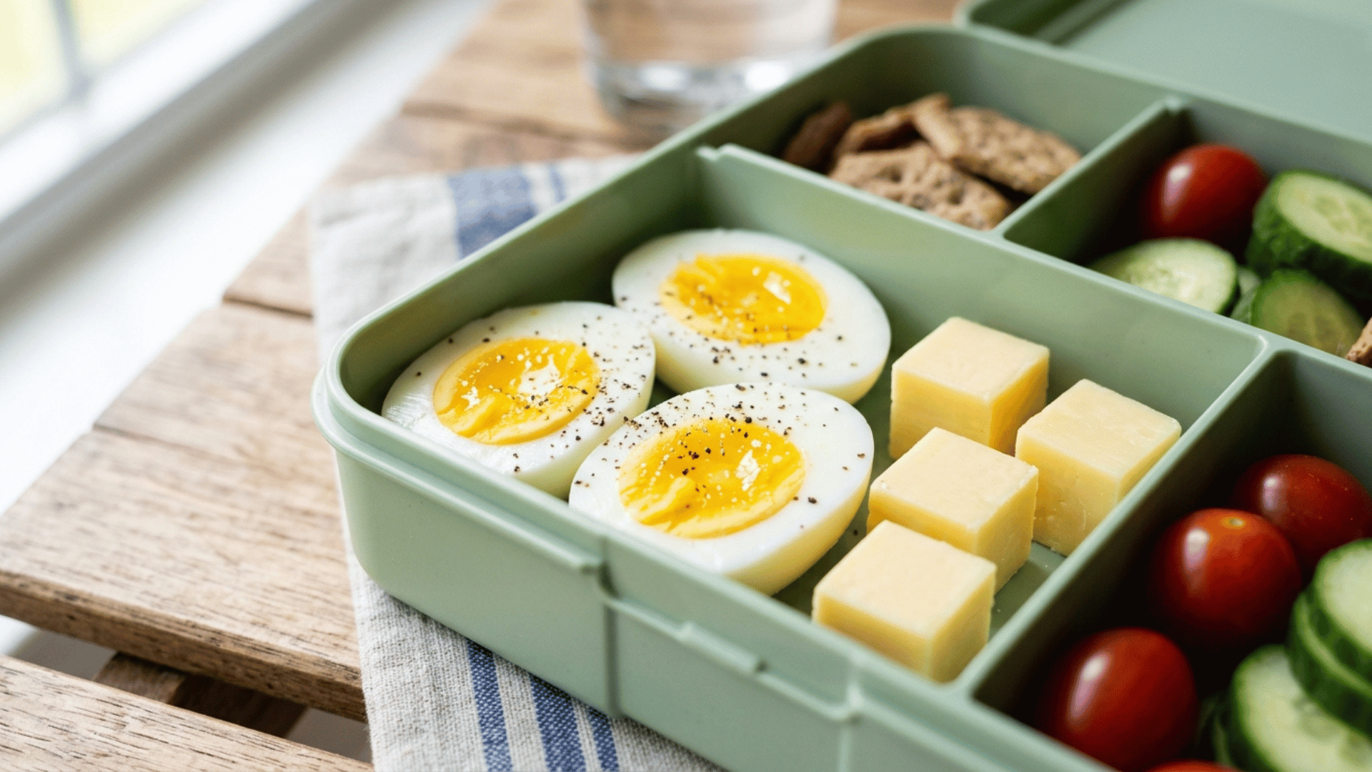hard-boiled eggs and cheese cubes packed in a light green plastic lunchbox