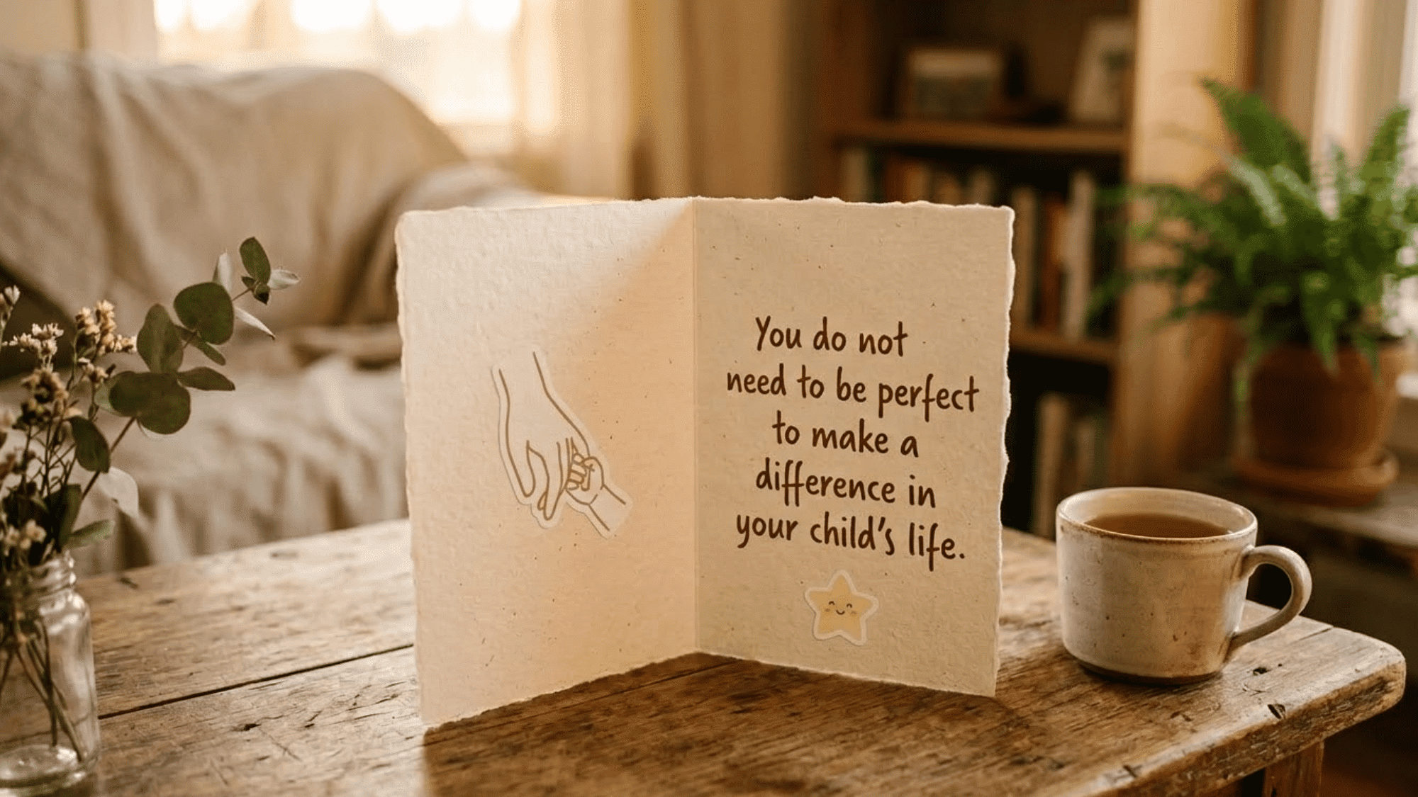 inspirational parenting quote card displayed in a cozy home setting with warm decor