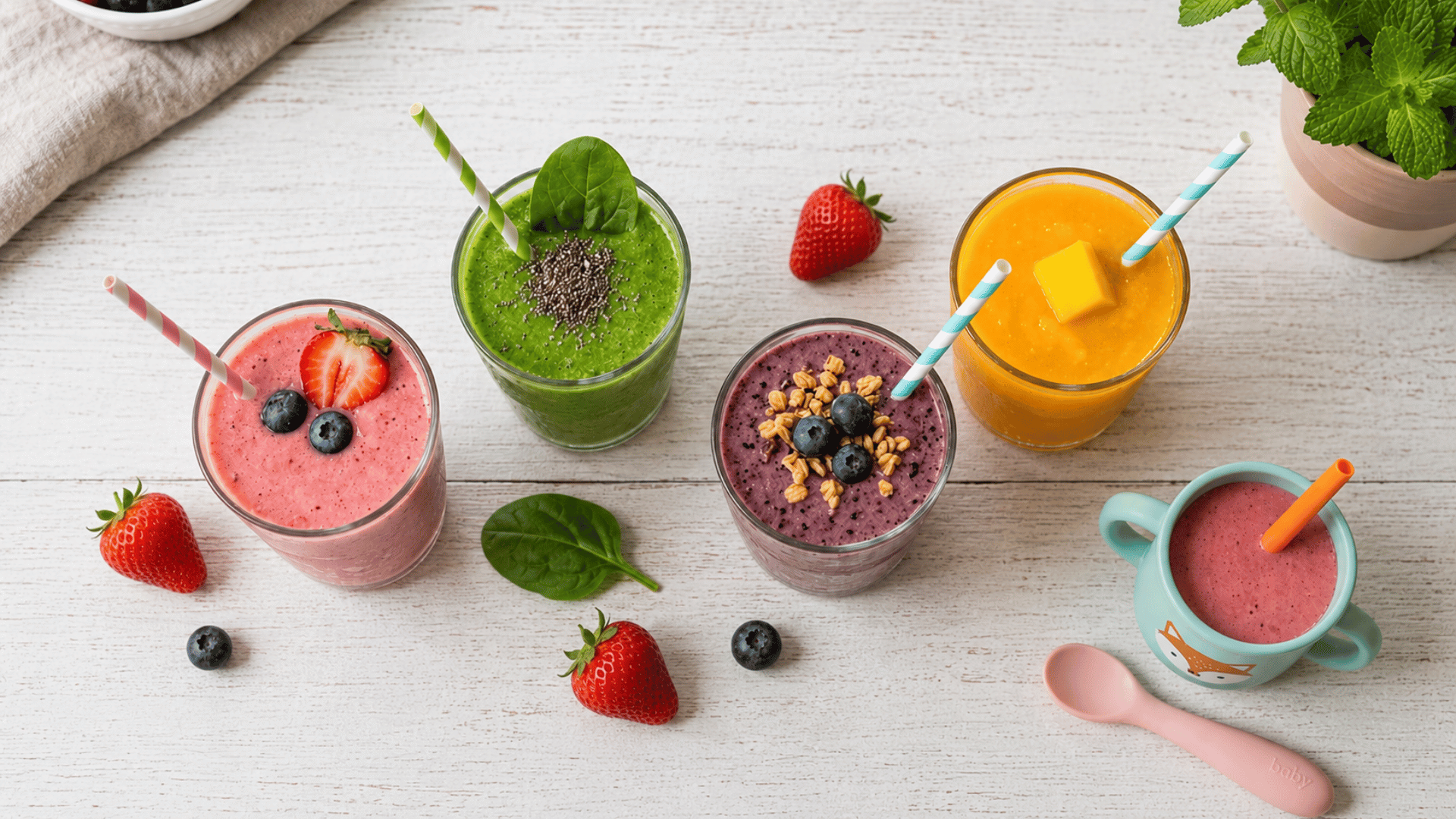 colorful fruit and vegetable smoothies in glasses and a toddler cup with strawberries, blueberries and spinach on a table