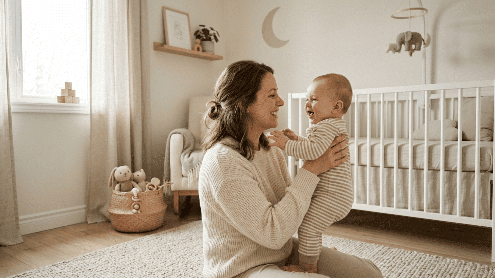 parent smiling while holding baby in nursery showing affection and the beauty of everyday parenting moments
