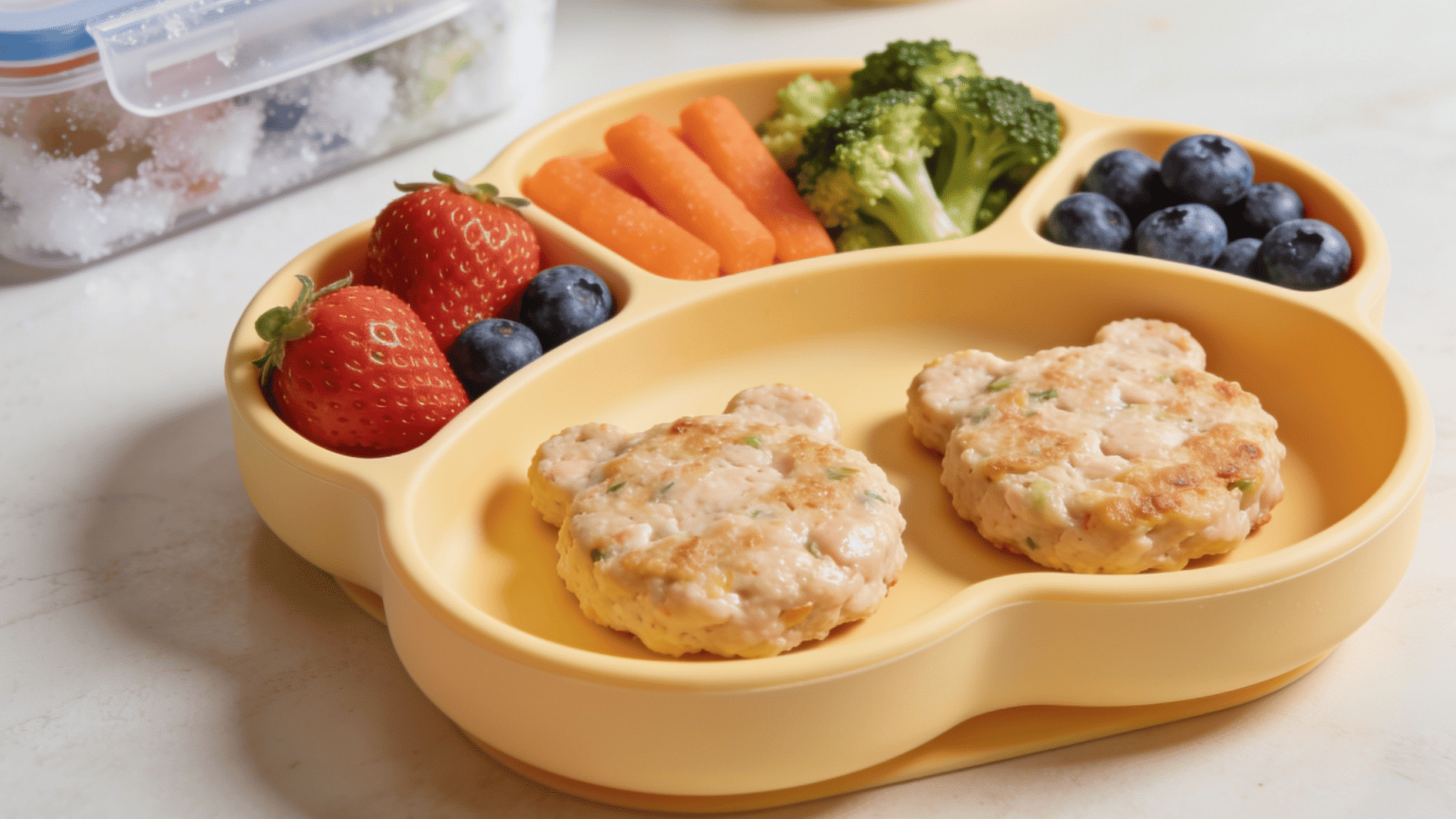 homemade chicken patties in toddler-sized portions with fruit and steamed vegetables, freezer container in the backgroun