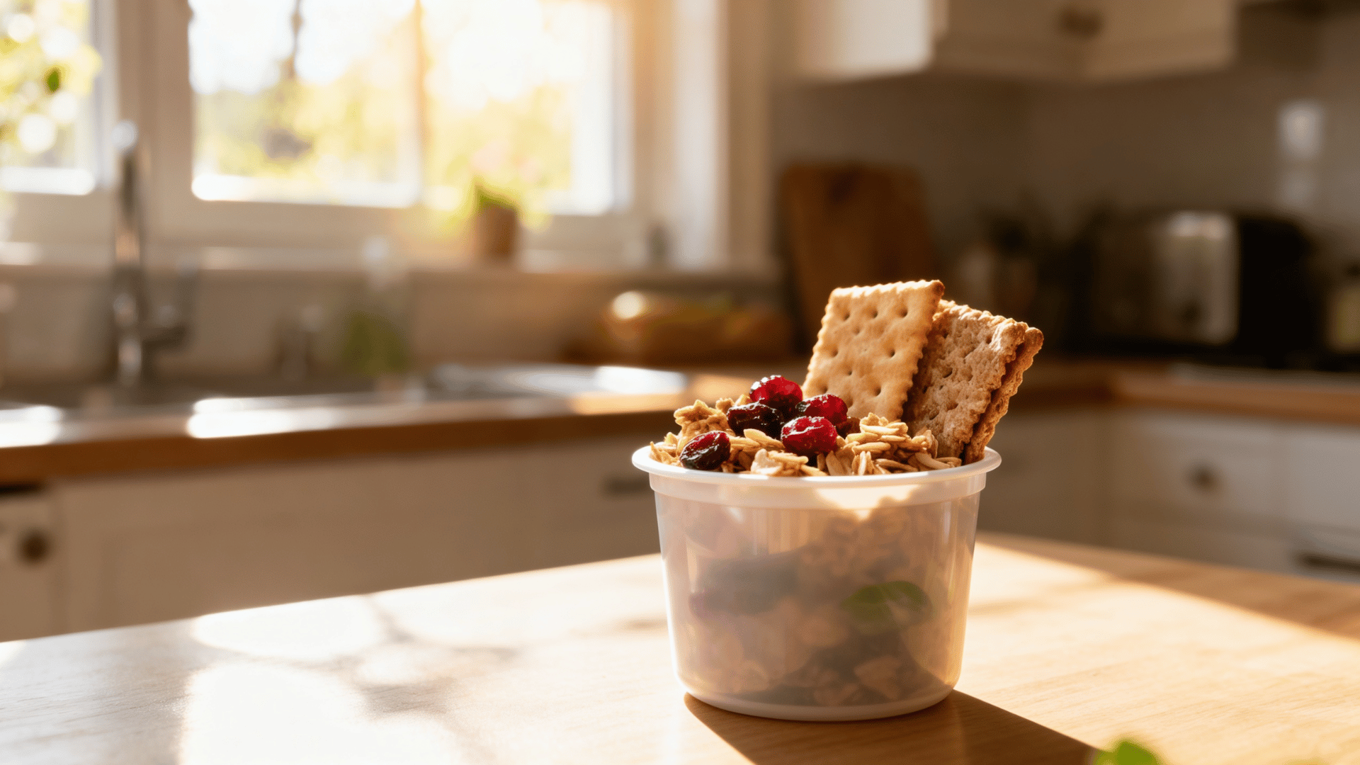 trail mix cup with cereal and dried fruit packed in a tan lunchbox