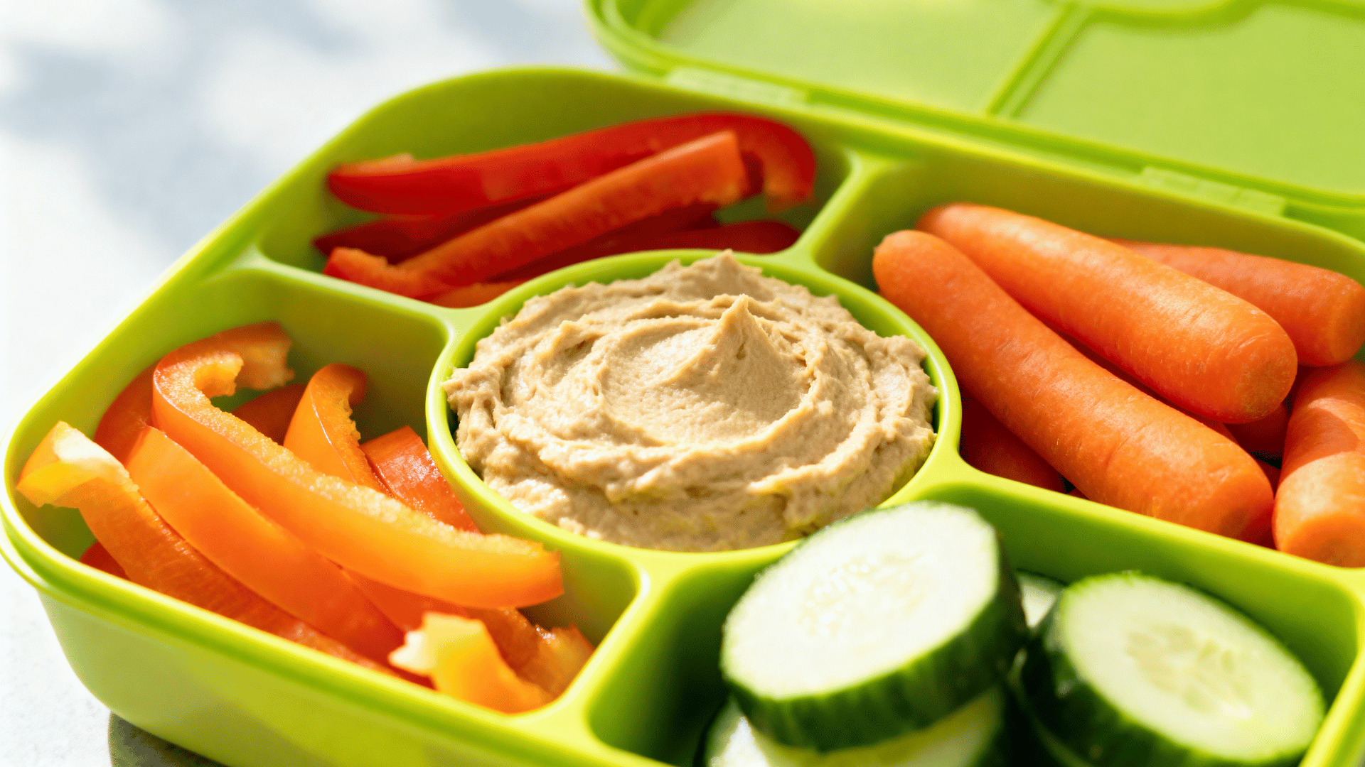 hummus with pepper, cucumber, and carrots in a lime-green silicone lunchbox