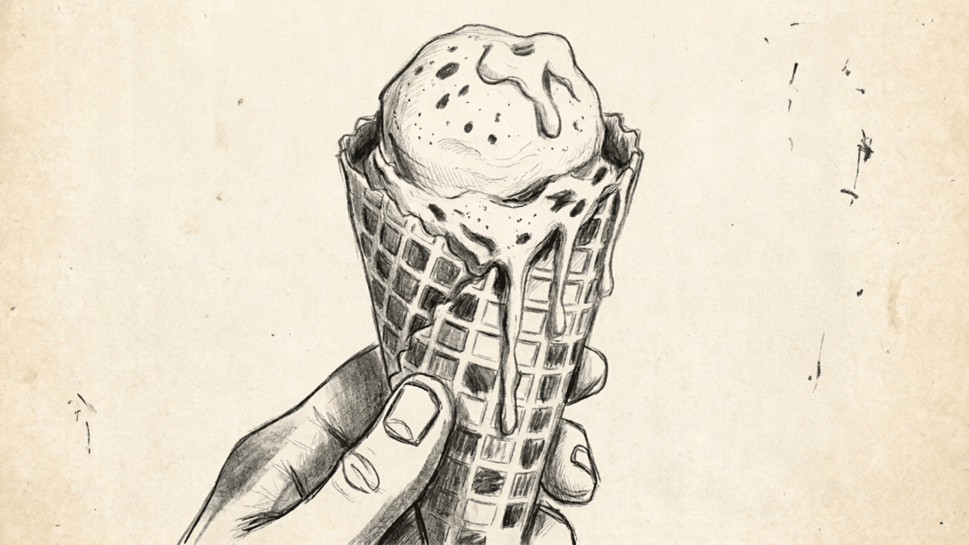 pencil drawing of a soft ice cream scoop dripping down a textured waffle cone