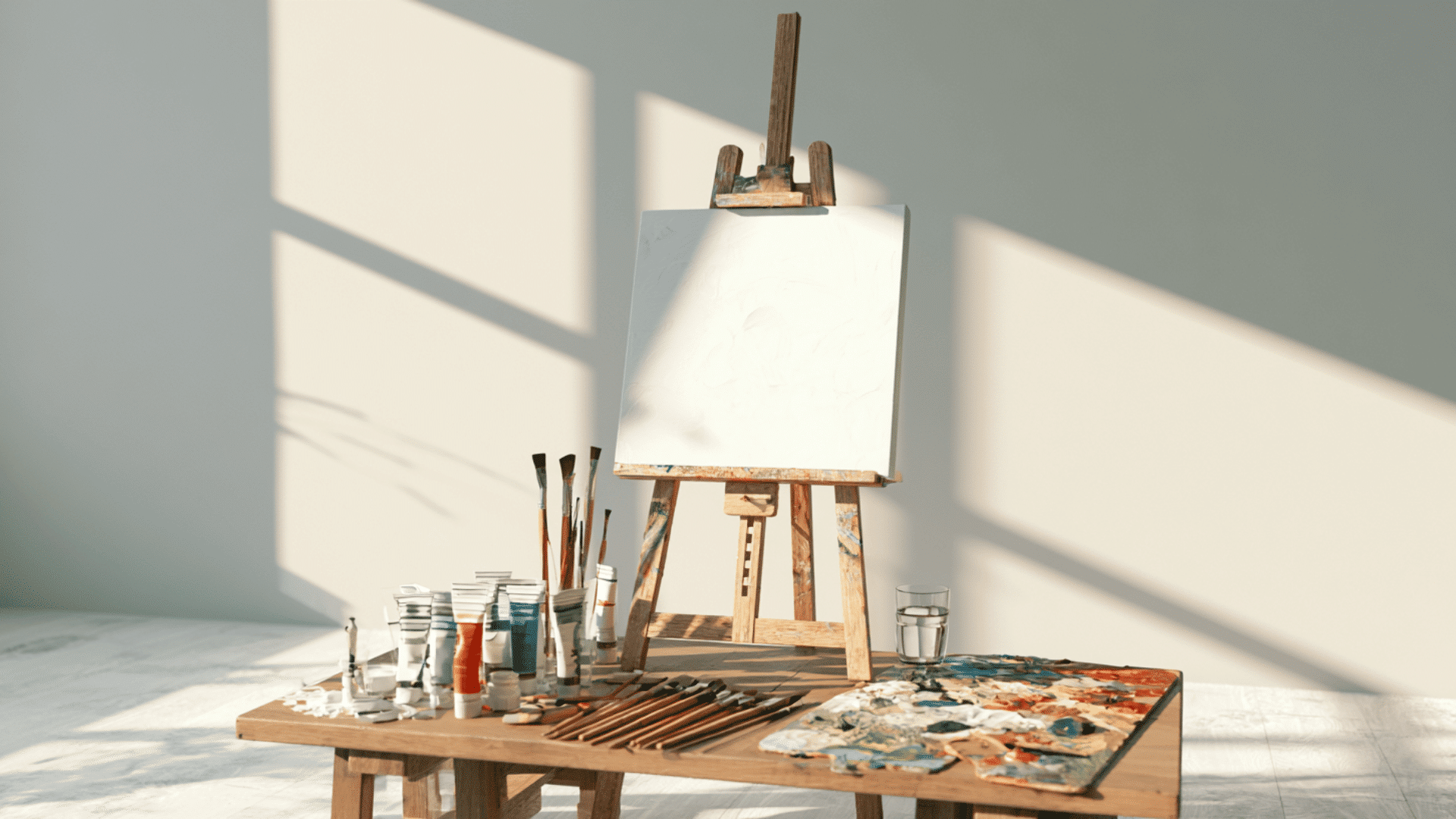 image of a beginner artist’s workspace with a blank canvas on an easel, simple acrylic paint tubes, brushes laid neatly on a wooden table, a water cup, and a palette with mixed colors, soft natura