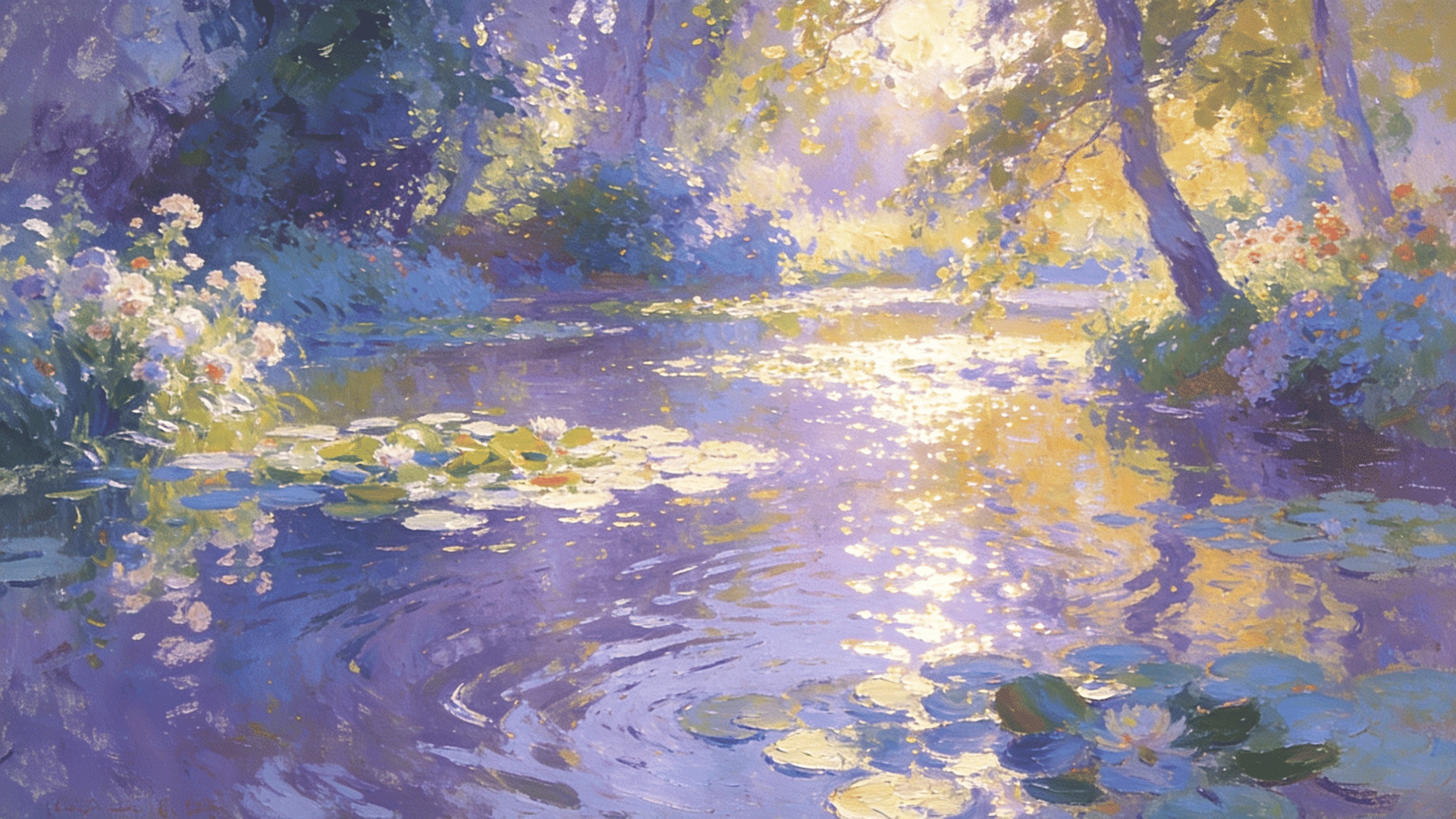 impressionism style painting of lily pond with water reflections trees and soft sunlight shimmering on calm water