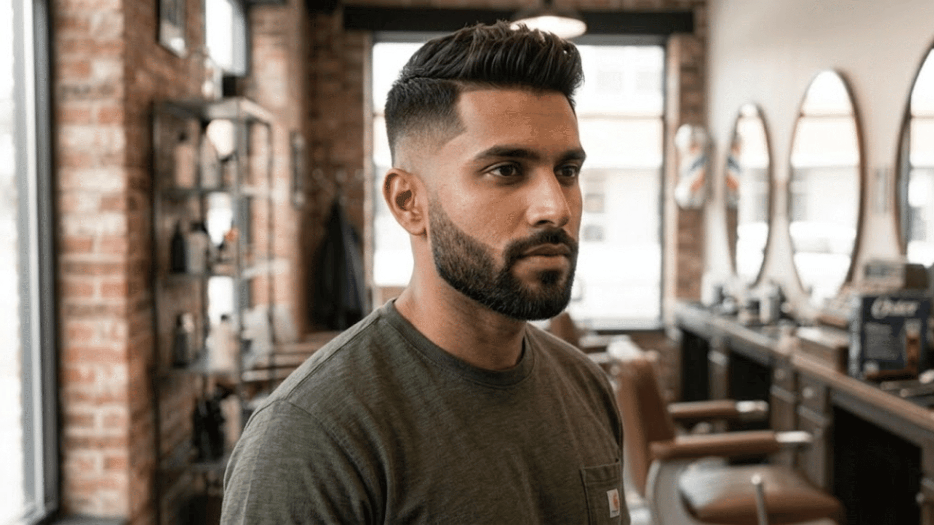 indian man with a low fade haircut and neat beard wearing an olive green t-shirt inside a classic barbershop