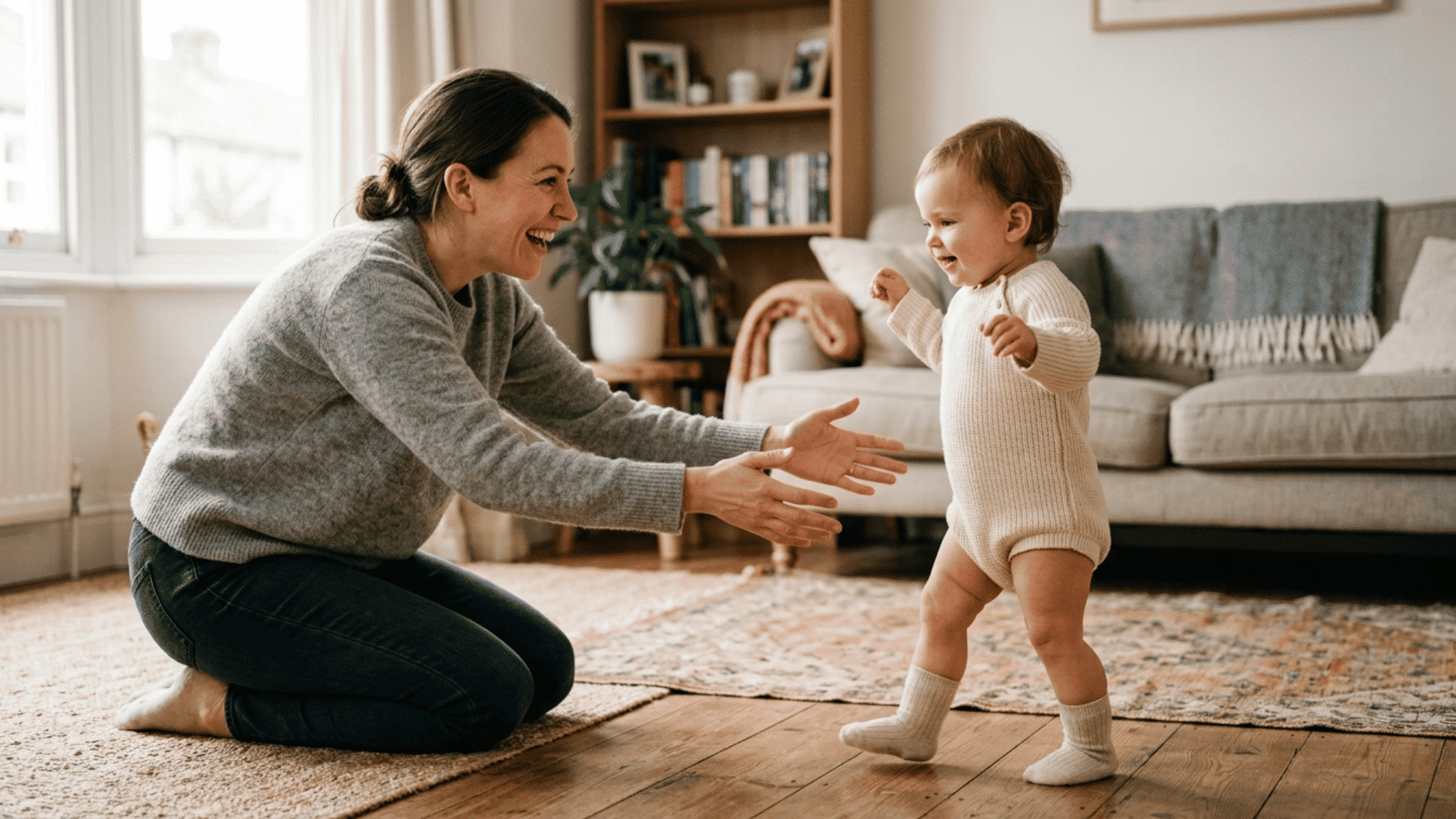 parent celebrating a toddler taking first steps with love and encouragement in a warm home setting