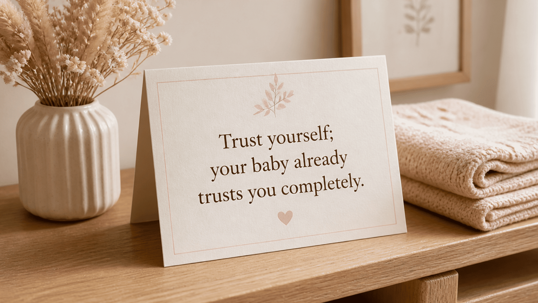 inspirational quote card on a wooden shelf reads trust yourself your baby already trusts you completely warmly