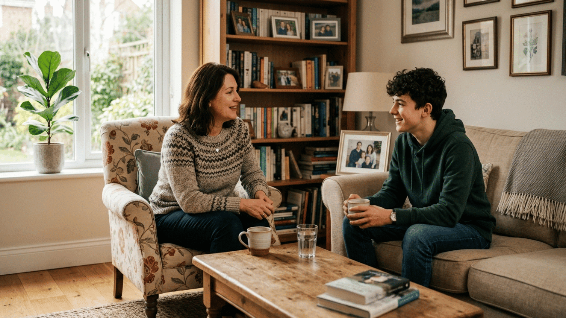 an image having mother and son sitting on the couch and sharing inspirational quotes