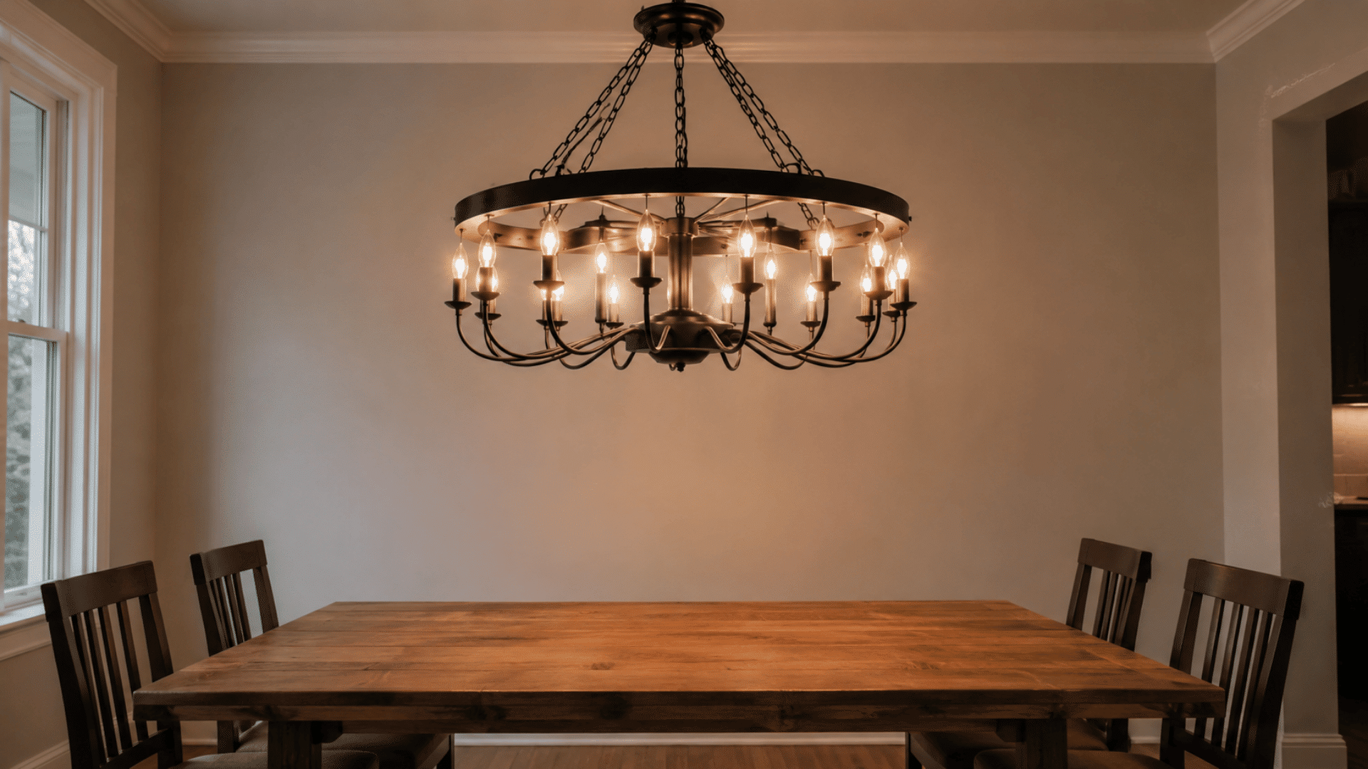 interior photo of a black iron candle chandelier hanging above a dining table in a simply decorated room the chandelier has a matte black iron frame with multiple candle style bulbs on evenly spac