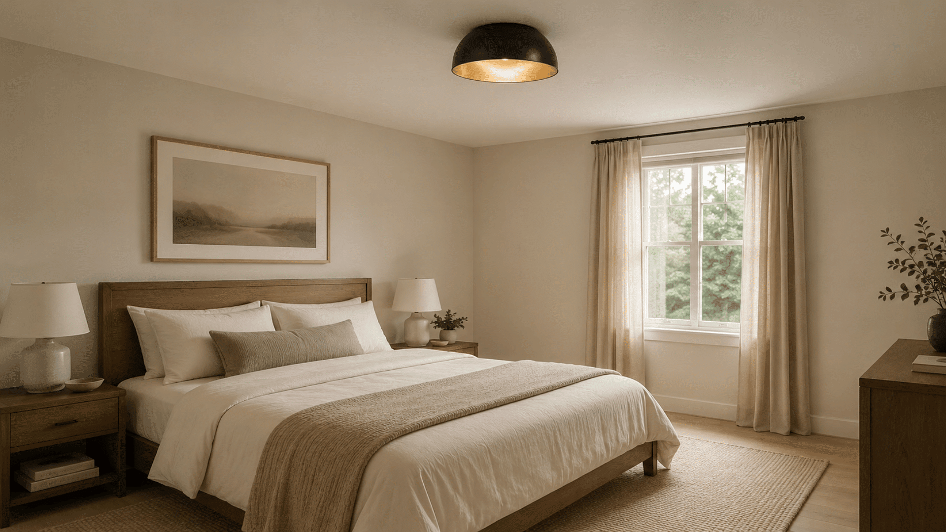 interior photo of a flush mount ceiling light sitting flat against the ceiling of a narrow hallway the fixture has a simple round enclosed white or light metal cover with no drop gap between the f