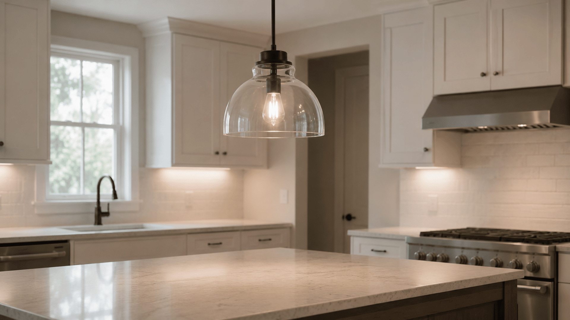 interior photo of a glass shade pendant light hanging above a kitchen island in a clean and simply decorated kitchen the pendant has a clear rounded glass dome shade with a single visible bulb ins