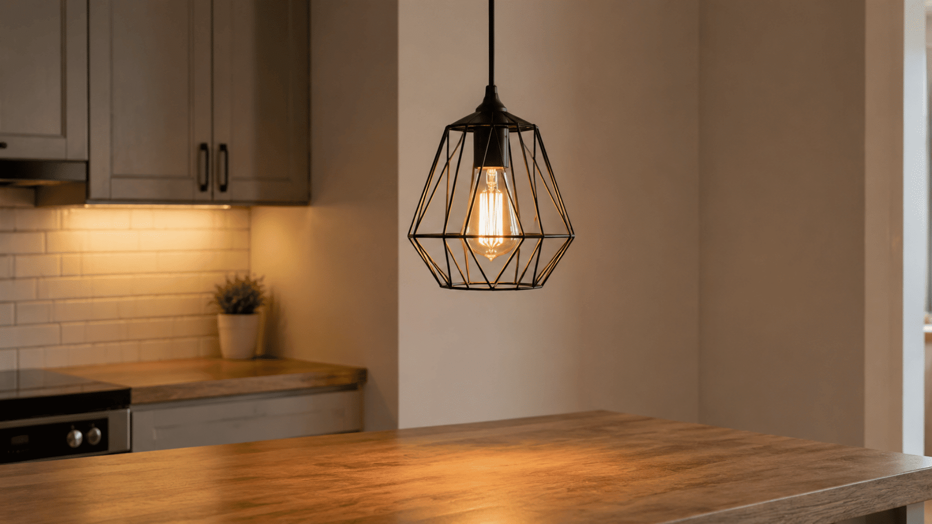 interior photo of a metal cage pendant light hanging above a kitchen counter in a compact cooking space the pendant has an open black iron wireframe cage surrounding a single exposed edison filame